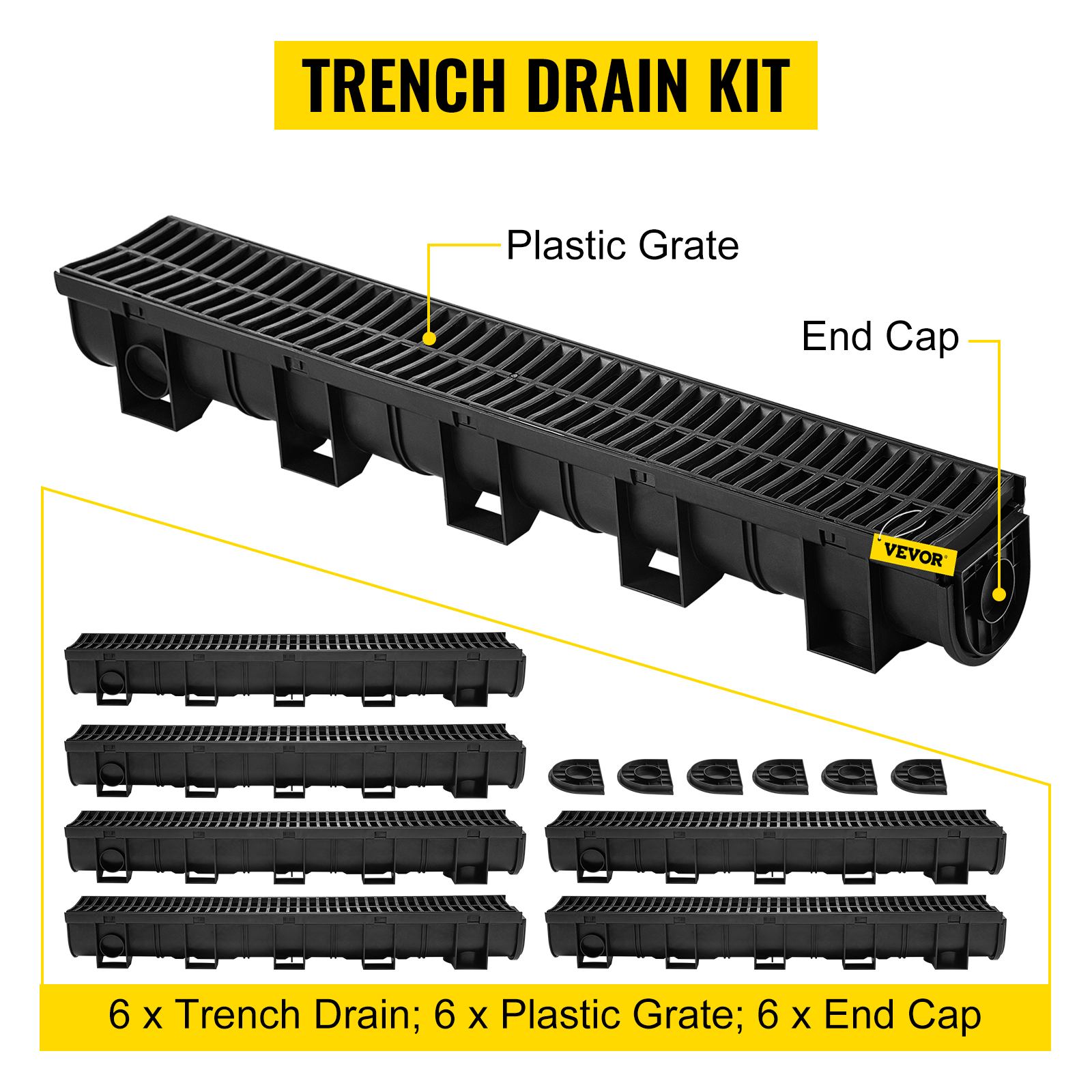 VEVOR Trench Drain System, Channel Drain with Plastic Grate, 5.9x5.1-Inch HDPE Drainage Trench, Black Plastic Garage Floor Drain, 6x39 Trench Drain Grate, with 6 End Caps, for Garden, Driveway-6 Pack
