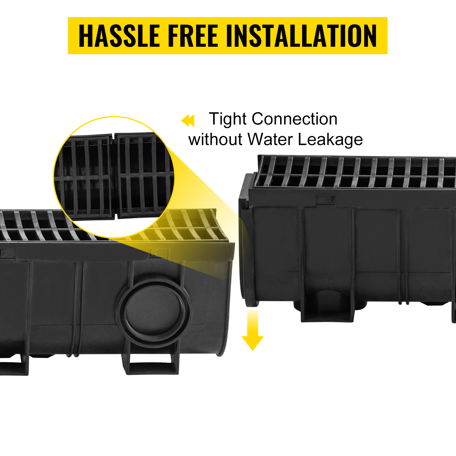 VEVOR Trench Drain System, Channel Drain with Plastic Grate, 5.9x7.5-Inch HDPE Drainage Trench, Black Plastic Garage Floor Drain, 4x39 Trench Drain Grate, with 4 End Caps, for Garden, Driveway-4 Pack
