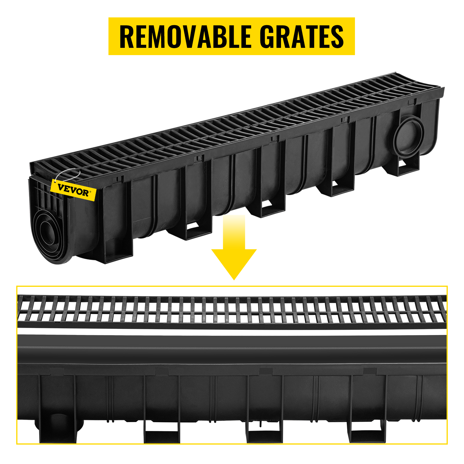 VEVOR Trench Drain System, Channel Drain with Plastic Grate, 5.9x7.5-Inch HDPE Drainage Trench, Black Plastic Garage Floor Drain, 4x39 Trench Drain Grate, with 4 End Caps, for Garden, Driveway-4 Pack