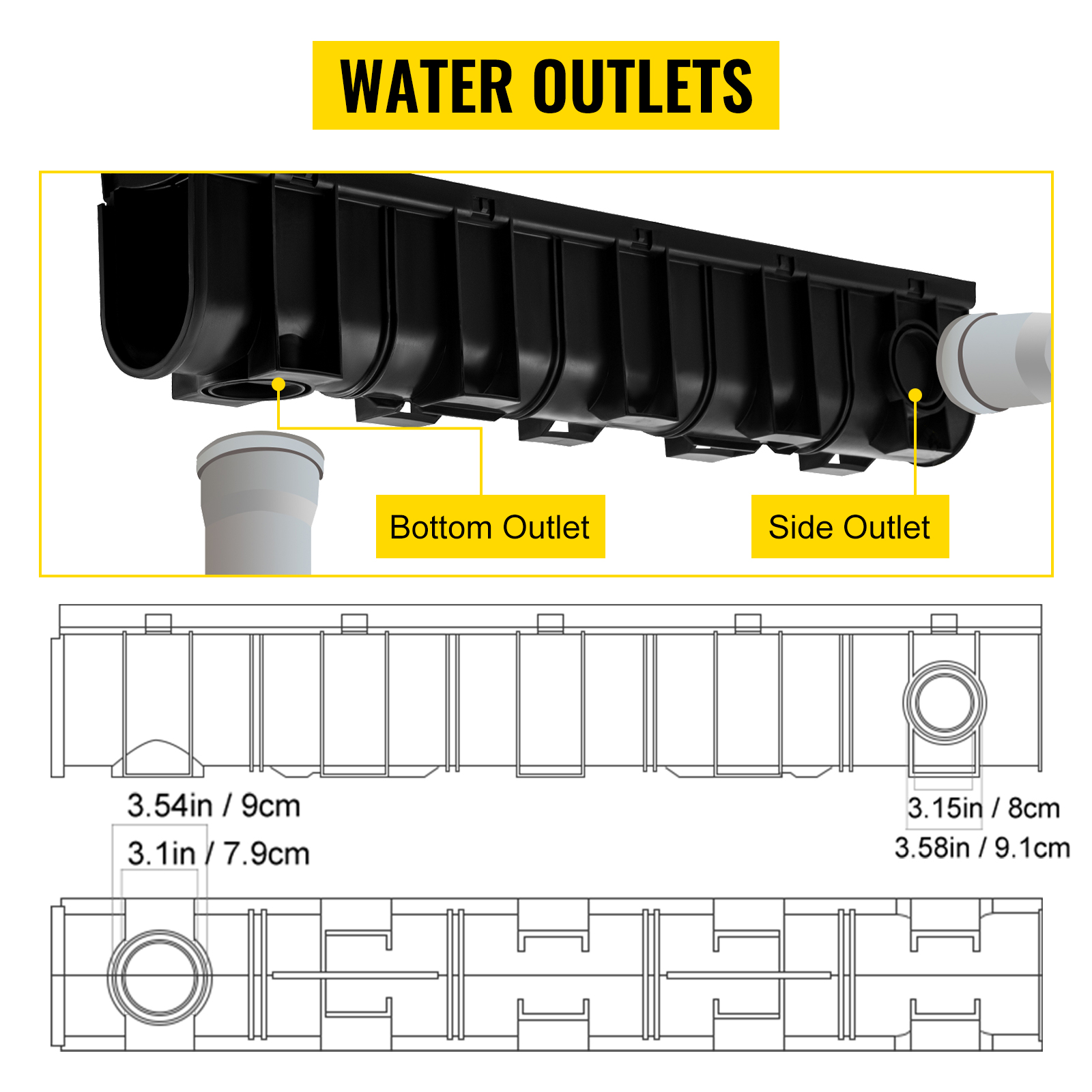 VEVOR Trench Drain System, Channel Drain with Plastic Grate, 5.9x7.5 ...