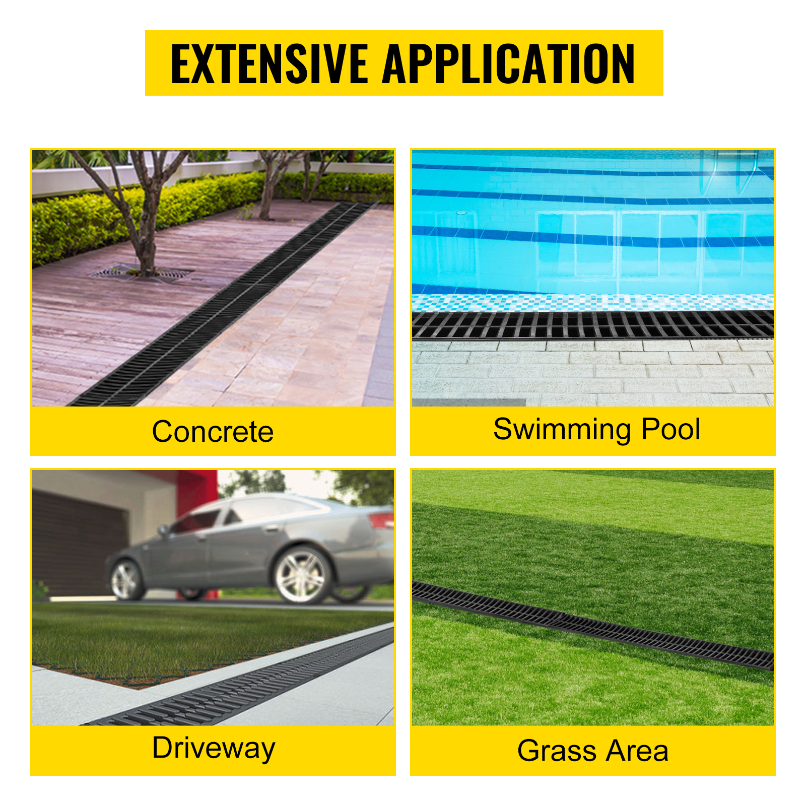 VEVOR Trench Drain System, Channel Drain with Plastic Grate, 5.9x7.5-Inch HDPE Drainage Trench, Black Plastic Garage Floor Drain, 4x39 Trench Drain Grate, with 4 End Caps, for Garden, Driveway-4 Pack