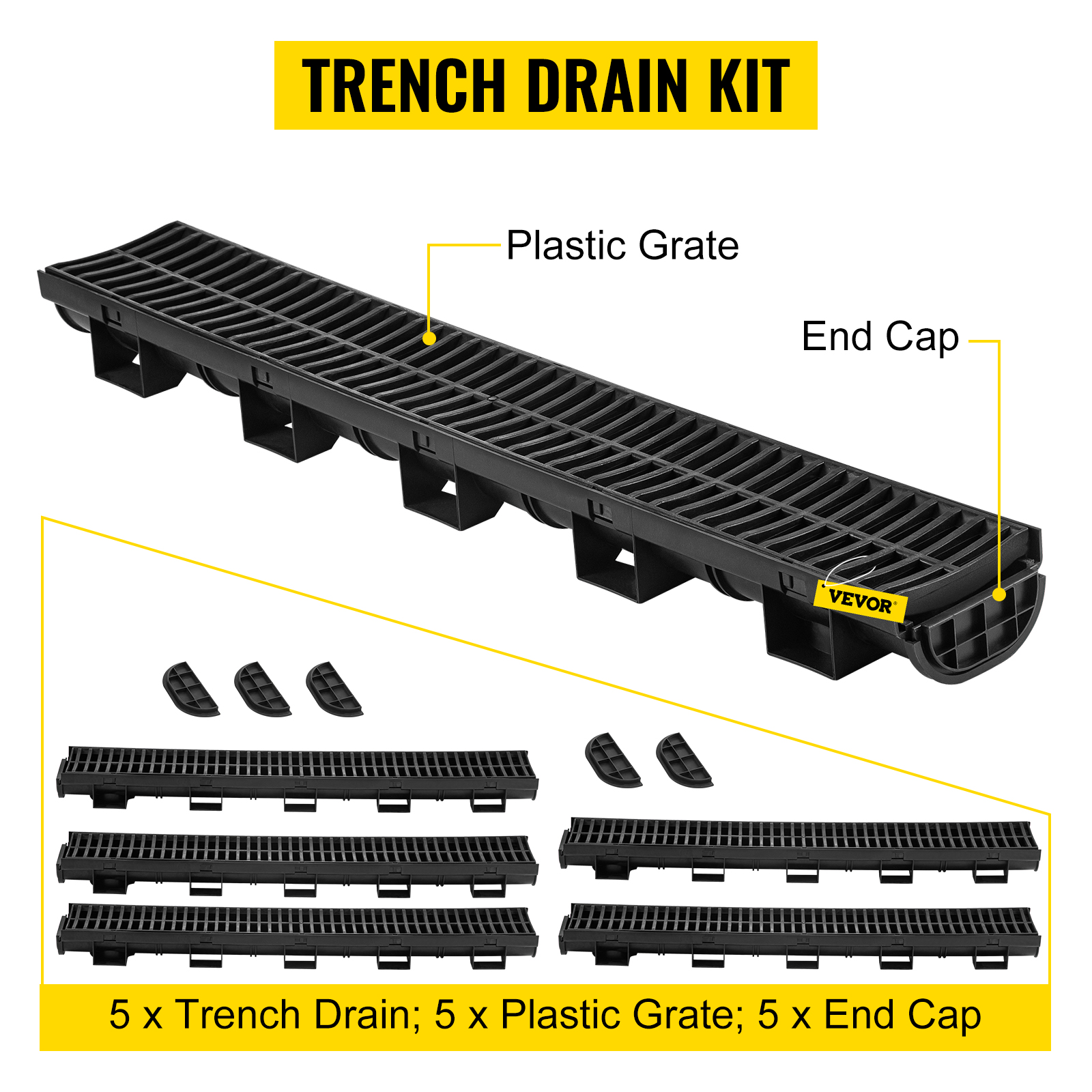 VEVOR Trench Drain System, Channel Drain with Plastic Grate, 5.8x3.1 ...