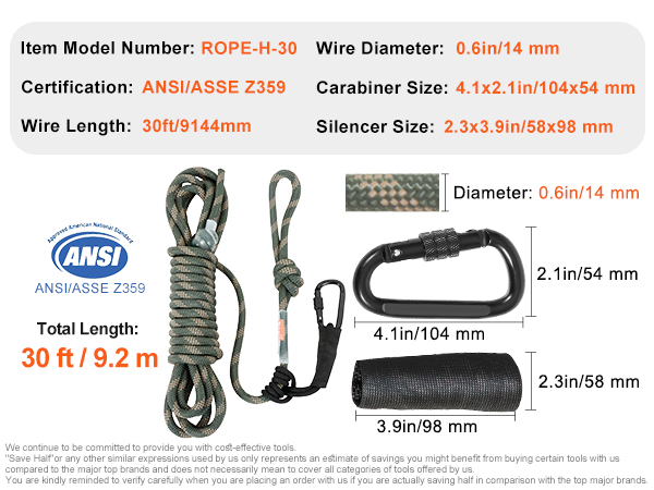 VEVOR 30 ft. Tree Stand Safety Rope Treestand Lifeline Rope 30kN Breaking Tension 0.6 in. Hunting Safety Line with Prusik Knot Carabiner & Silencer F