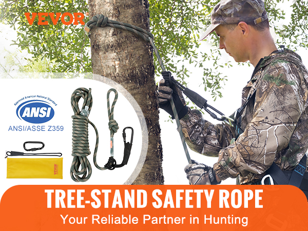 VEVOR Tree Stand Safety Rope, 30 ft/91.44 m Treestand Lifeline Rope 30KN  Breaking Tension, 0.6'' Hunting Safety Line with Prusik Knot, 2pcs  Carabiner and Silencer, for Treestrap and Climbing