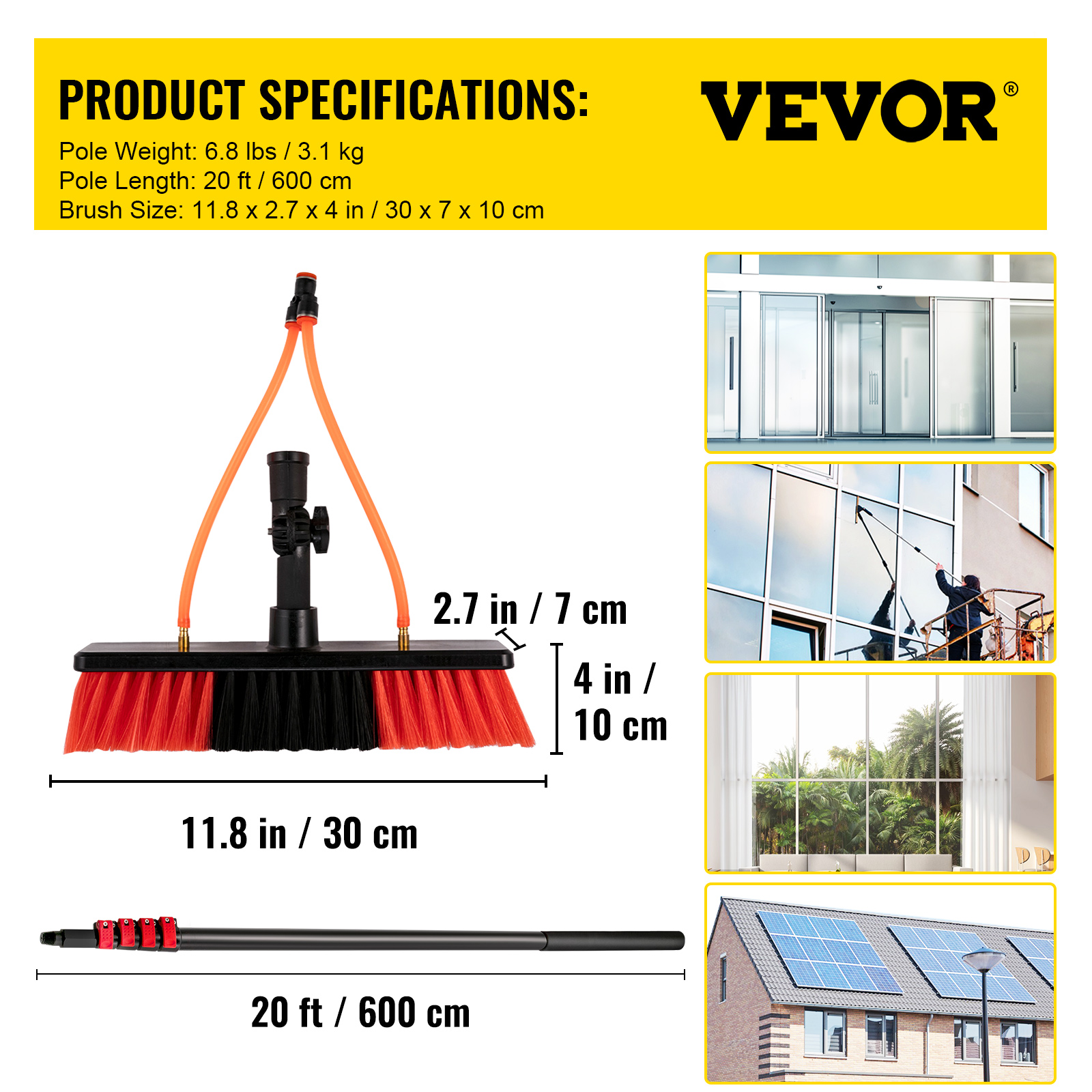 VEVOR 30 ft. Solar Panel Cleaning Brush and Pole Water Brush with