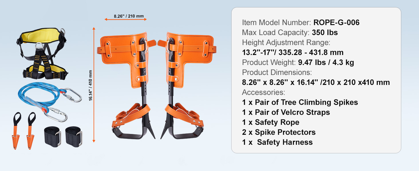 Baumsteigeisen Steigeisen Baumklettern Orange Ausrüstung 335–432 mm Tree Climbing Spikes A100 1.11w