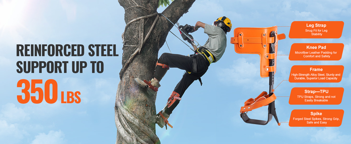 Baumsteigeisen Steigeisen Baumklettern Orange Ausrüstung 335–432 mm Tree Climbing Spikes A100 1.4w