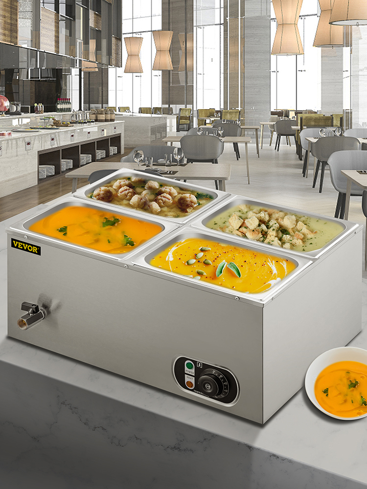 Description Picture 4 of itemVEVOR Commercial Food Warmer, 4-Pan Stainless Steel 14.8 Qt Capacity,1500W Steam Table 15cm Deep, Electric Soup Warmer
