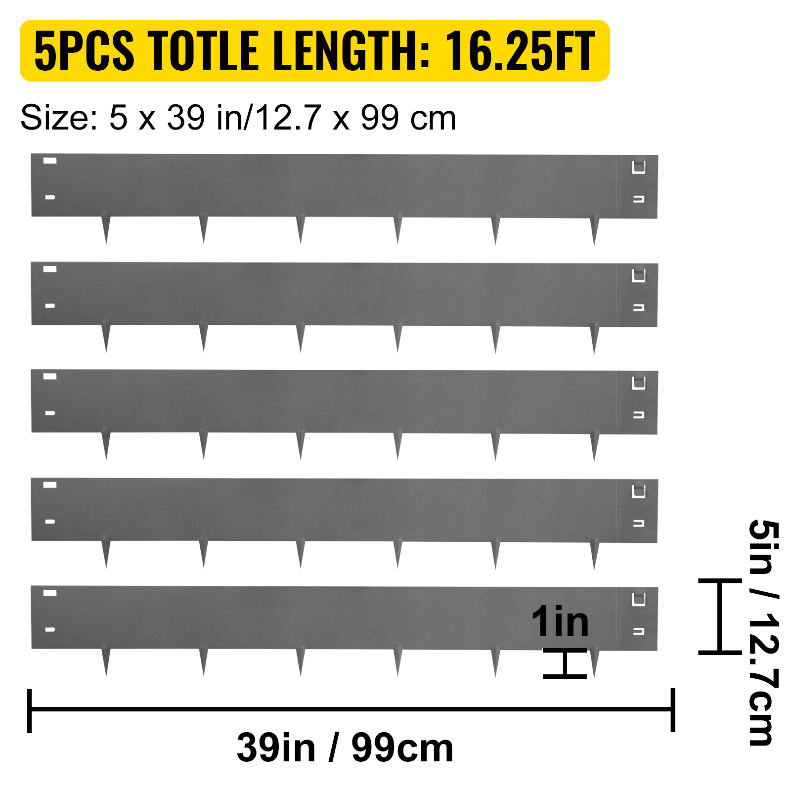 VEVOR Steel Lawn Edging, 5PCS Metal Landscape Edging, 5"x39" Garden Edging Border, Flexible Galvanized Steel Landscape Border, 16.25 ft Length Landscaping Metal Edging, Gray Lawn Edge for Garden Yard
