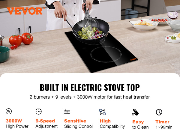 VEVOR Electric Cooktop, 2 Burners, 12'' Induction Stove Top, Built