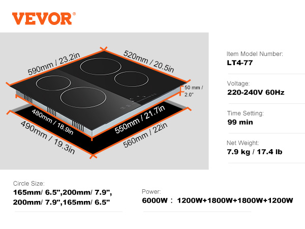 VEVOR Built in Electric Stove Top 30.3 x 20.5 inch 5 Burners 240V Glass Radiant Cooktop with Sensor Touch Control Timer & Child Lock Included 9