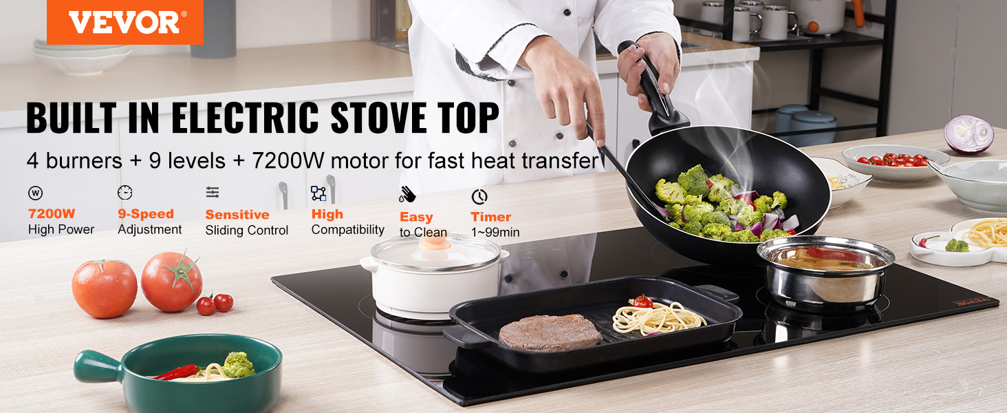 VEVOR Built in Electric Stove Top, 30.3 x 20.5 inch 4 Burners, 240V Glass  Radiant Cooktop with Sensor Touch Control, Timer & Child Lock Included, 9  Power Levels for Simmer Steam Slow