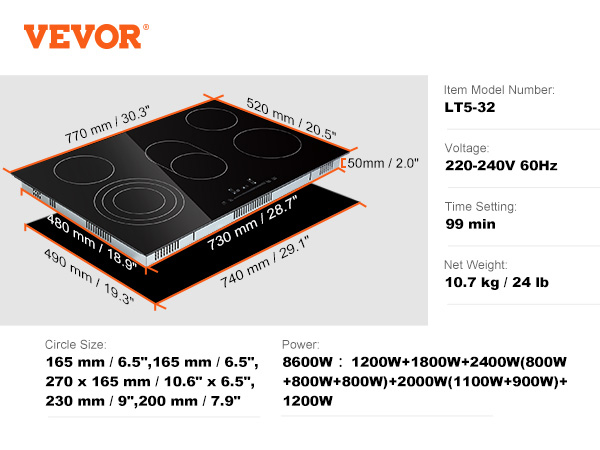 VEVOR Built-in Induction Electric Stove Top 5 Burners,35 Inch Electric  Cooktop,9 Power Levels & Sensor Touch Control,Easy to Clean Ceramic Glass