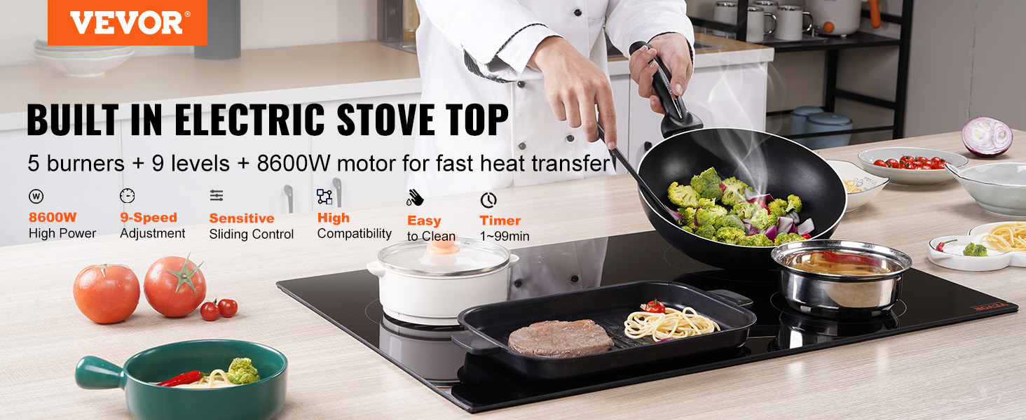 VEVOR Built in Electric Stove Top, 30.3 x 20.5 inch 5 Burners, 240V Glass  Radiant Cooktop with Sensor Touch Control, Timer & Child Lock Included, 9  Power Levels for Simmer Steam Slow