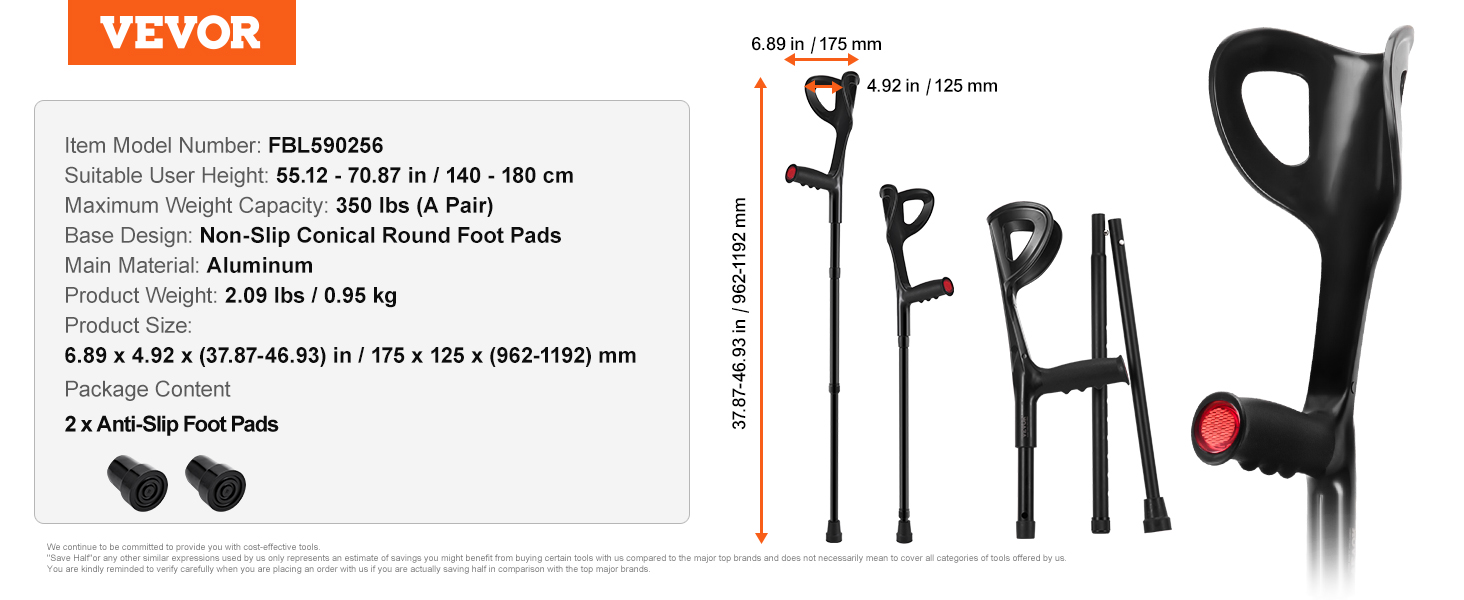 Forearm Crutches, Height Adjustable, Aluminum