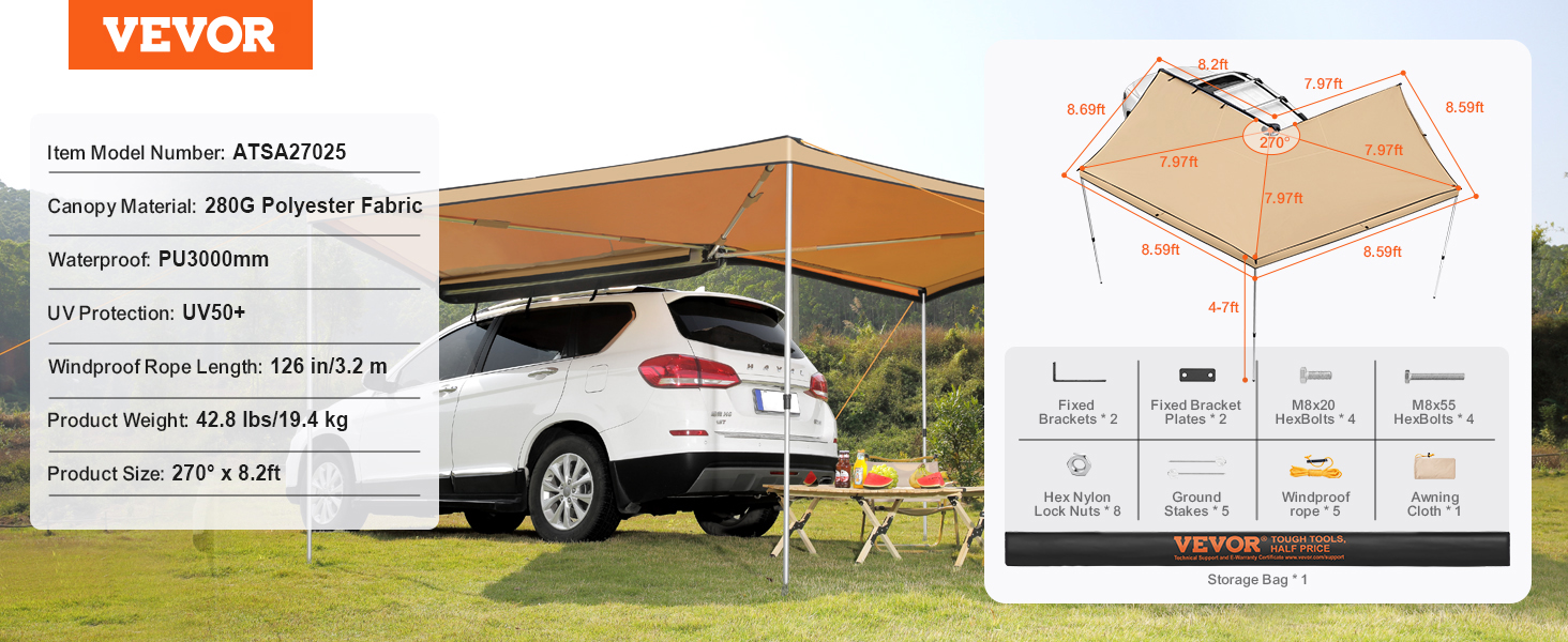 car side awning, 270 Degree,8.2ft Height