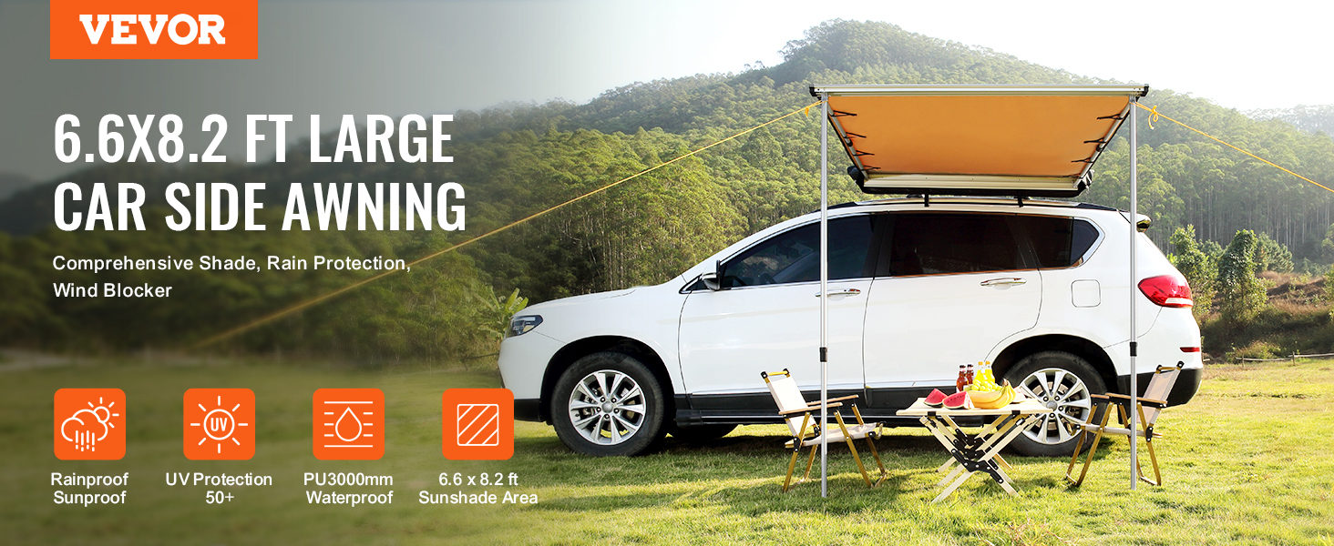 VEVOR Car Side Awning, Large 6.6' x 8.2' Shade Coverage Vehicle Awning,  PU3000mm UV50+ Retractable Car Awning with Waterproof Storage Bag, Height  Adjustable, Suitable for Truck, SUV, Van, Campers