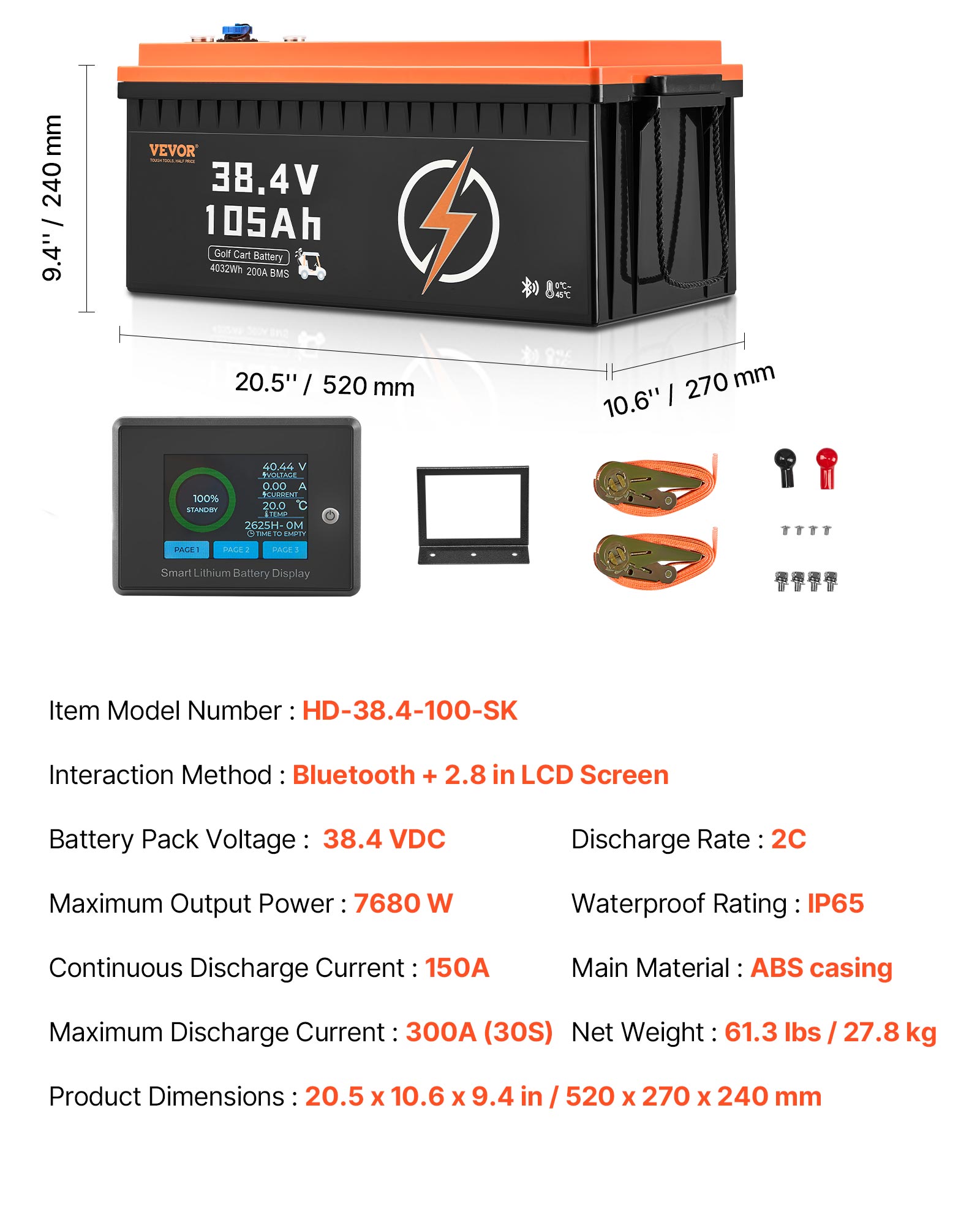VEVOR 36/48V 105Ah Golf Cart Lithium Battery 20A Charger LCD Touch Monitor
