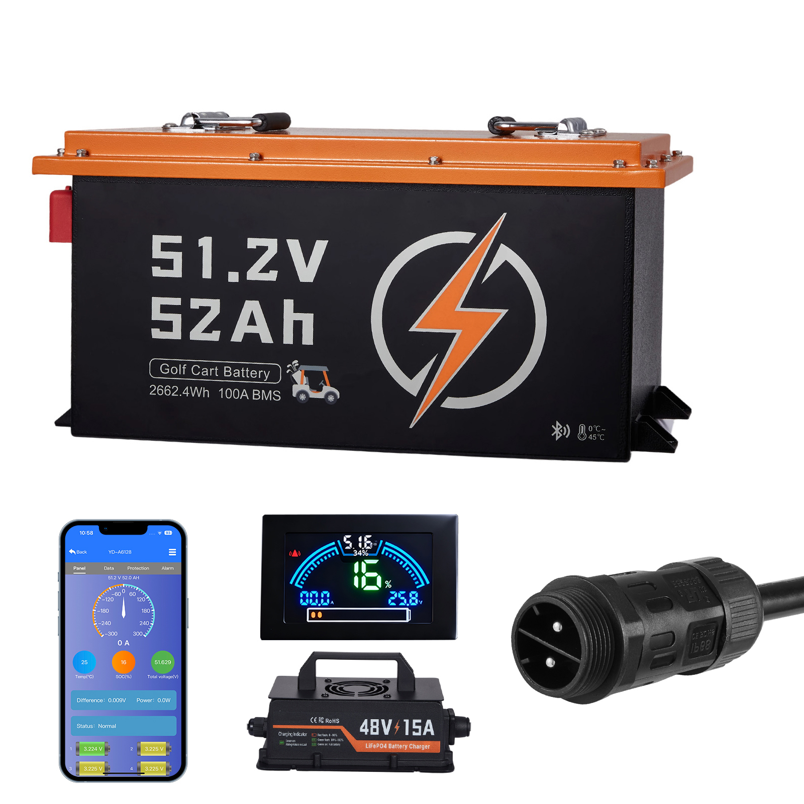 Uimoso 38.4V/51.2V/72V 52/105/150AH Lithium Golf Cart Battery with Charger