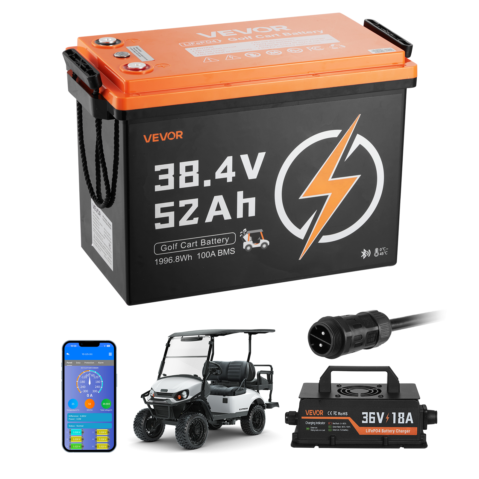VEVOR 36/48/72V 52/105/150AH Lithium Golf Cart Battery Lifepo4 Charger