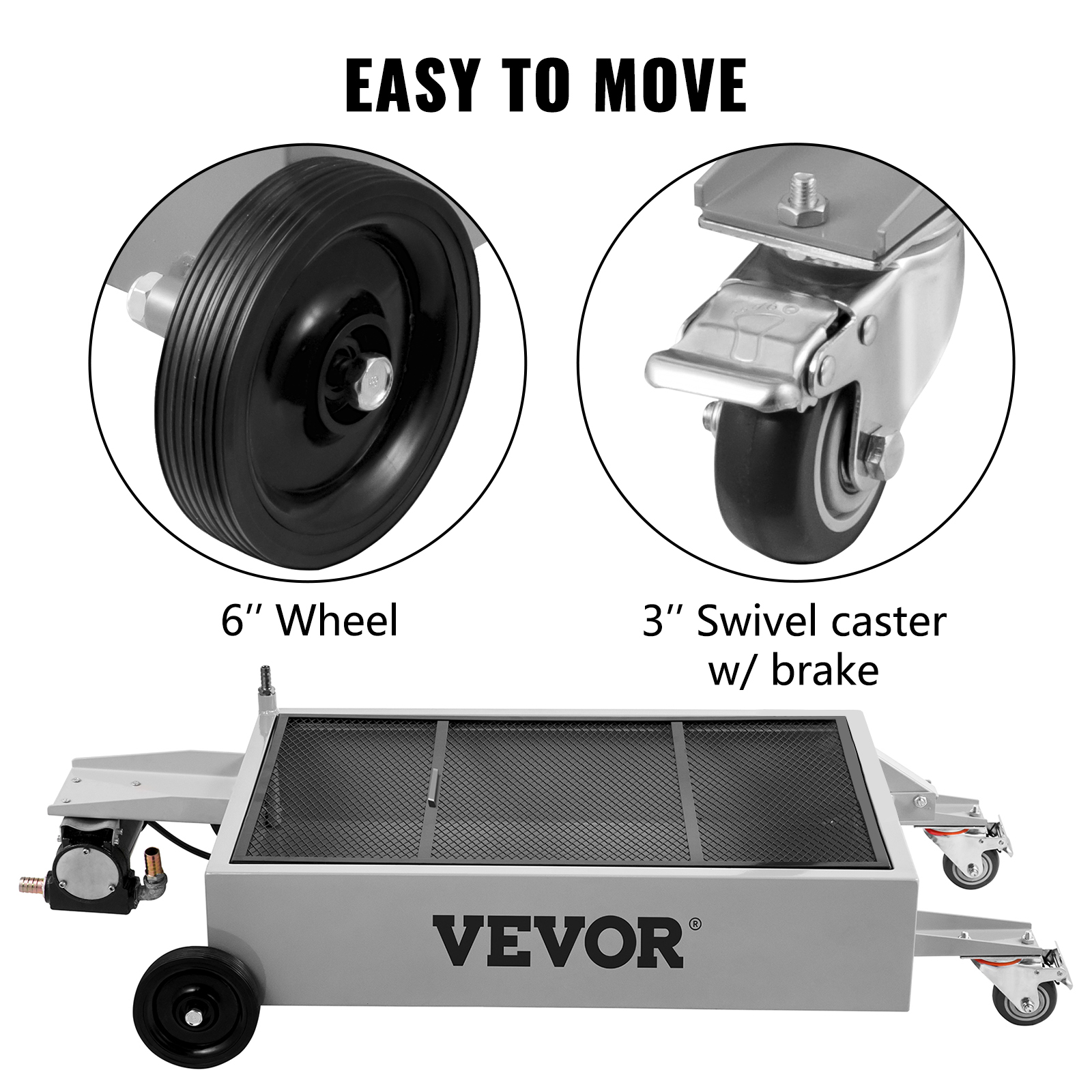 VEVOR Oil Drain Pan 15 Gallon Oil Drain Tank, 57L Low Profile Oil Drain Pan, Large Capacity Oil Change Pan, Foldable Hand, with Electric Pump, Hose, Swivel Casters for Car, SUV, Trucks Oil Draining
