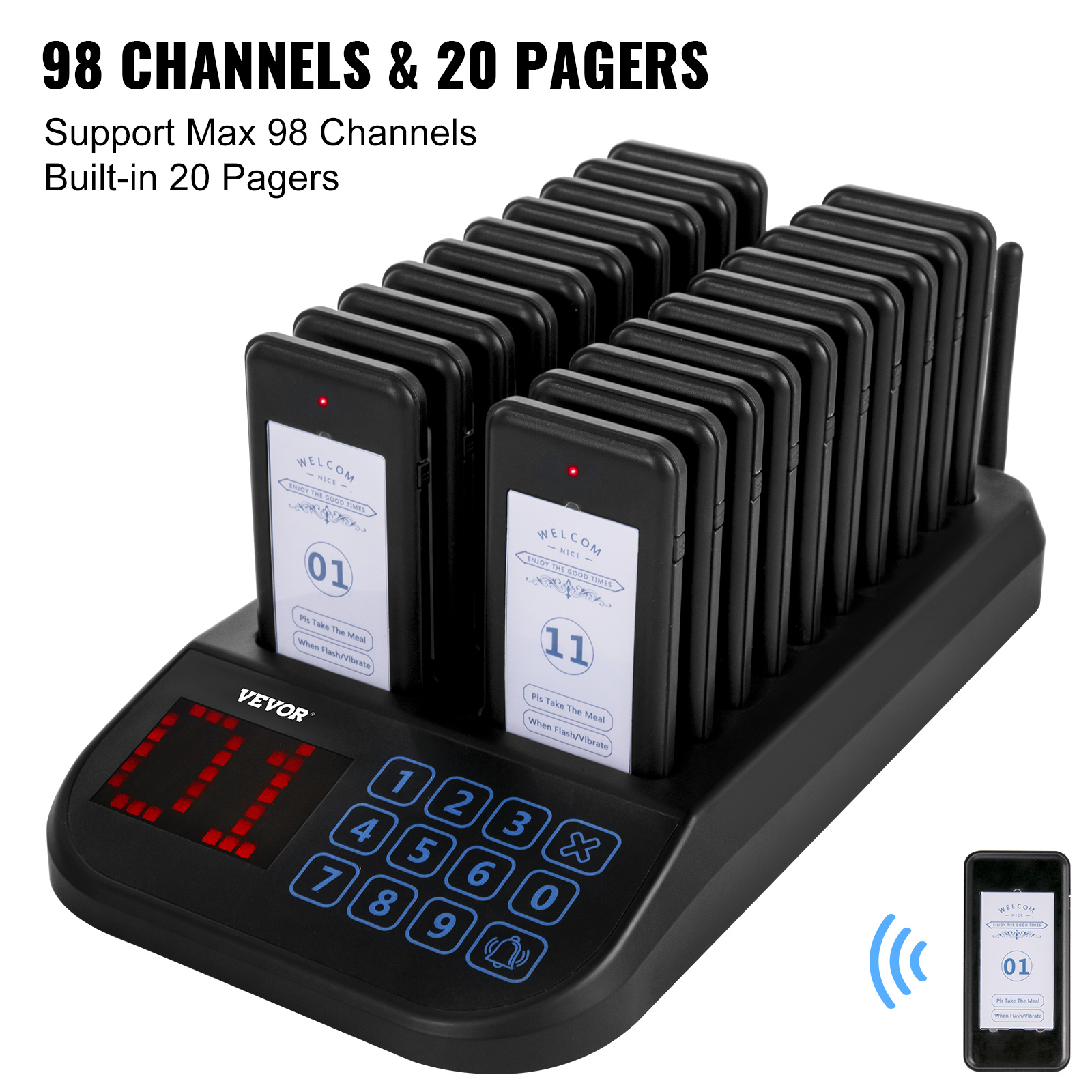 999CH Wireless Paging Queuing System Transmitter+20Coaster Pager for Restaurant 