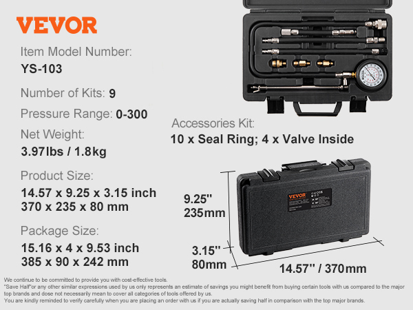 VEVOR Compression Tester Adapter Kit, 9 Pcs Automotive Engine