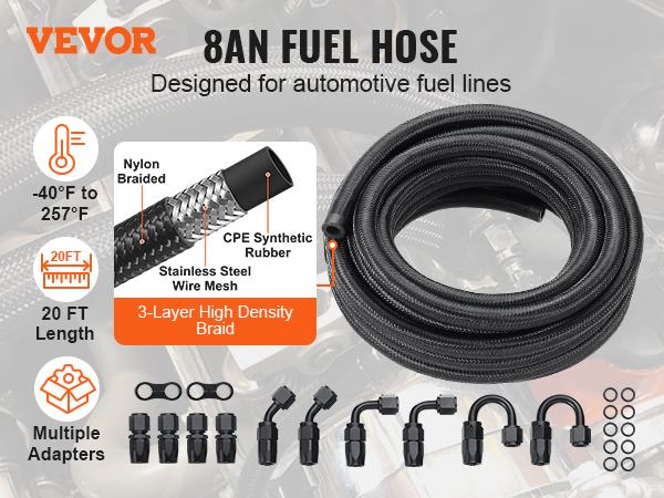VEVOR 8AN Fuel Line Kit, 20 FT Fuel Hose Kit, 0.43 Nylon Stainless Steel  Braided Fuel Line Oil/Gas/Diesel Hose End Fitting Kit, with 12 PCS Swivel  Fitting Adapter Kit, Black