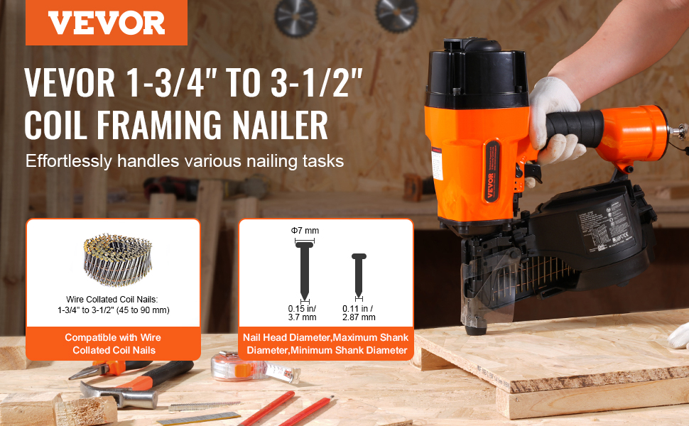 VEVOR MCN90 Coil Framing Nailer 13/4" to 31/2" 15 Degree Pneumatic