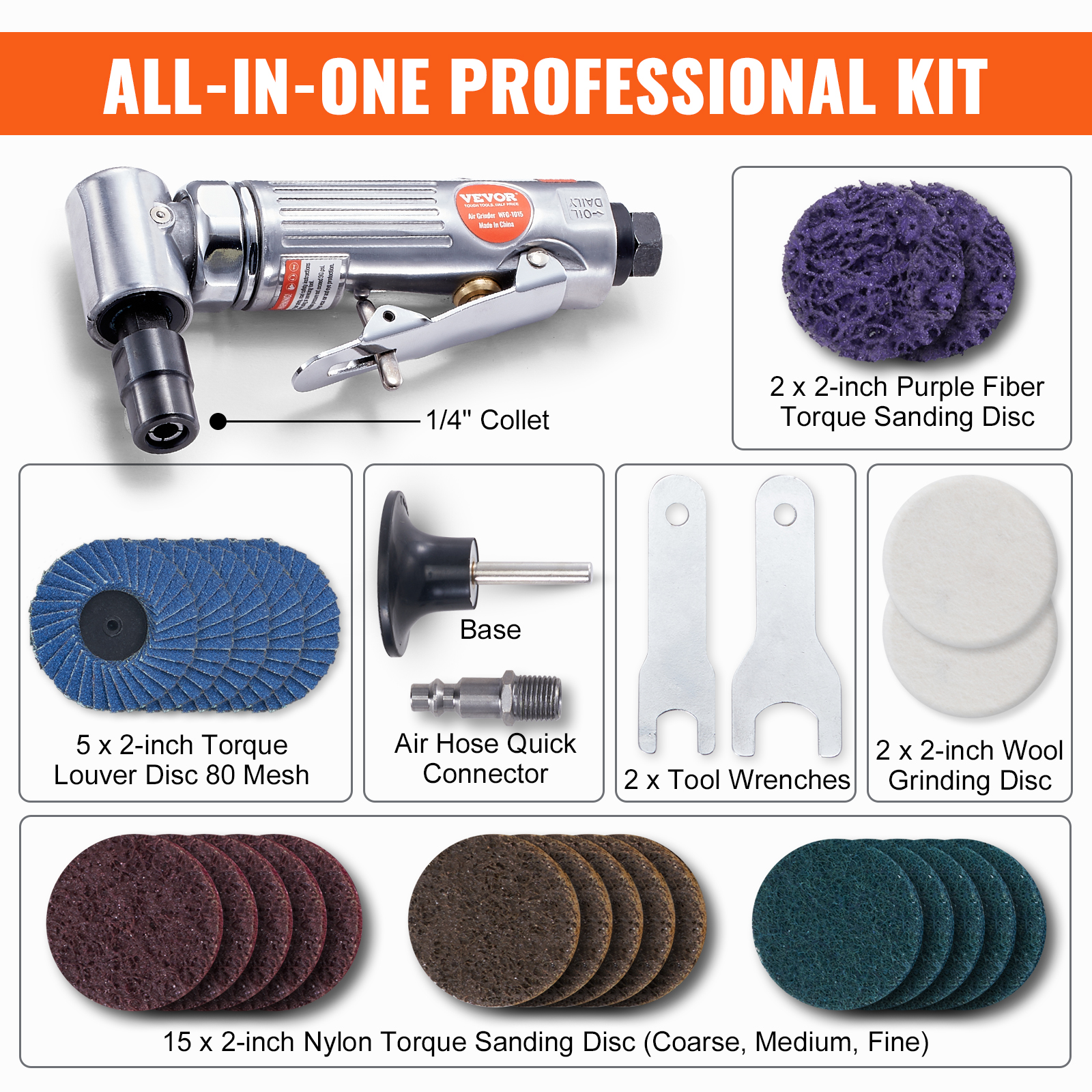 1/4" Right Angle Air Grinder 20000RPM with 24/10/58 PCS Discs for Grinding - Picture 6 of 38