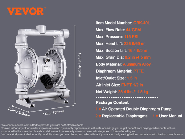 Heavy Duty Air Diaphragm Pump – Double Diaphragm Waste Oil Transfer Pump – 12 GPM, 115 PSI, Cast Iron Body