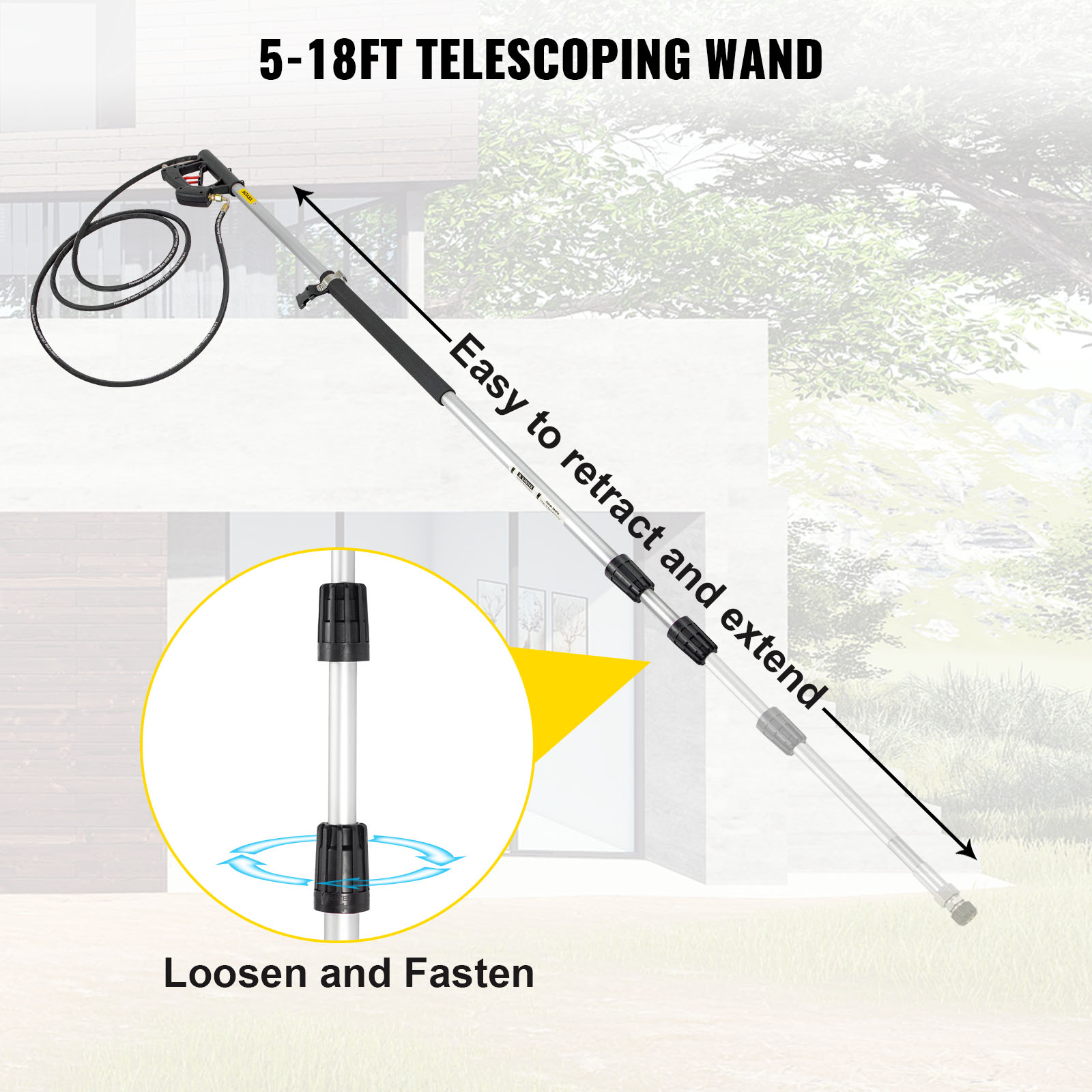 VEVOR 18 / 20ft Telescoping Pressure Washer Wand 4000psi w/Strap Belt 3/8" Quick Connector Extension Pole for Power Washer Spray