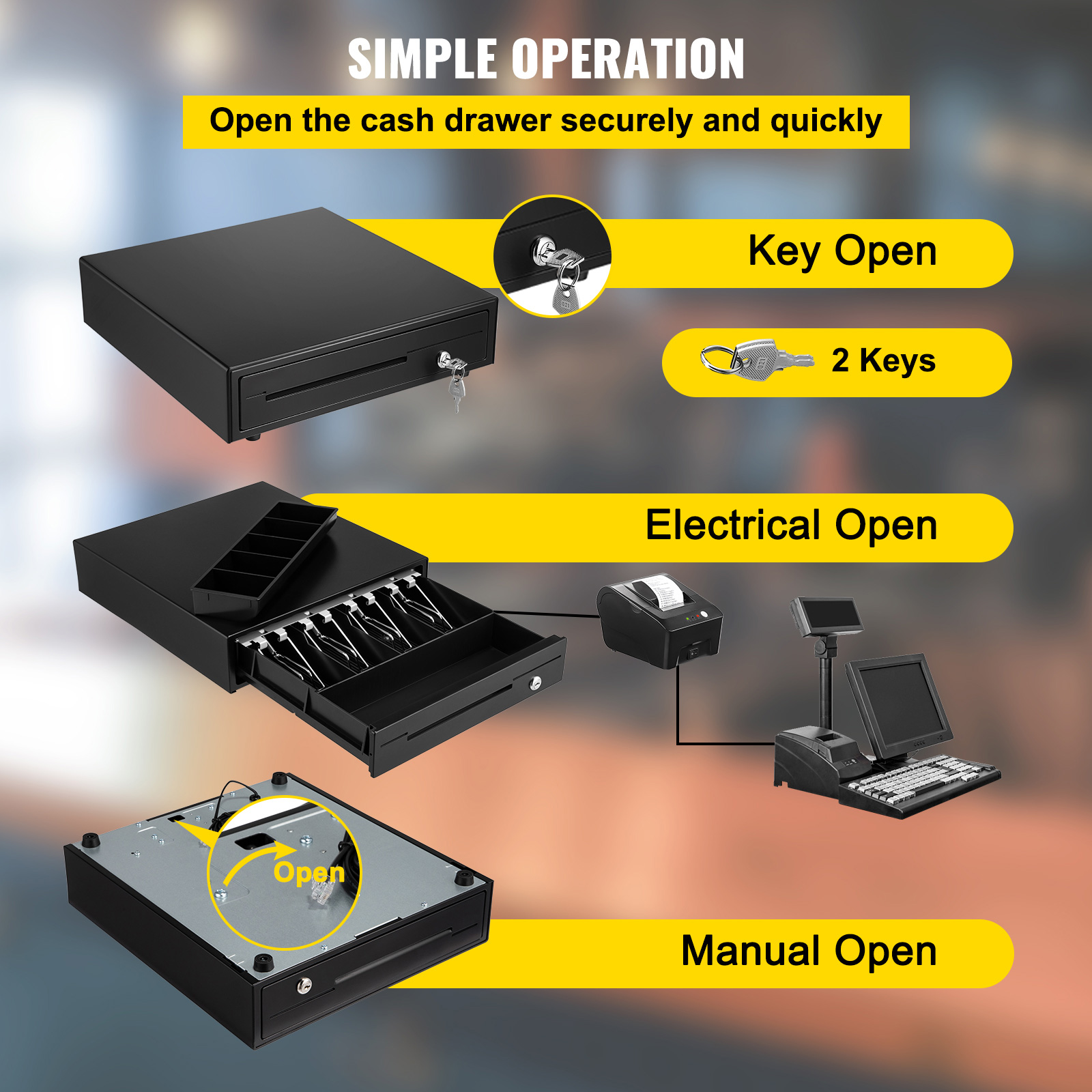 Uimoso Cash Drawer 13/16in Cash Register POS System 3 Unlocking Ways RJ11/12 - Produktbild 4