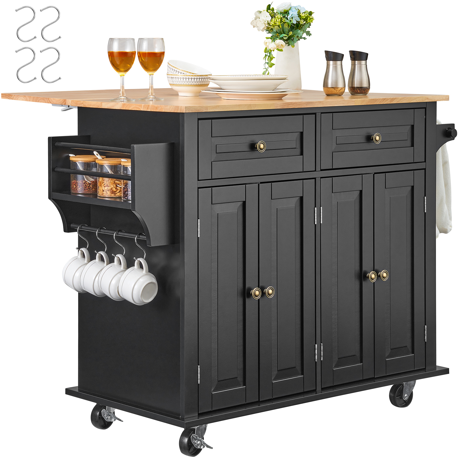 Drop-Leaf Kitchen Island Trolley Cart Wood Storage Cabinet w/ Drawers/Rack - Picture 87 of 110