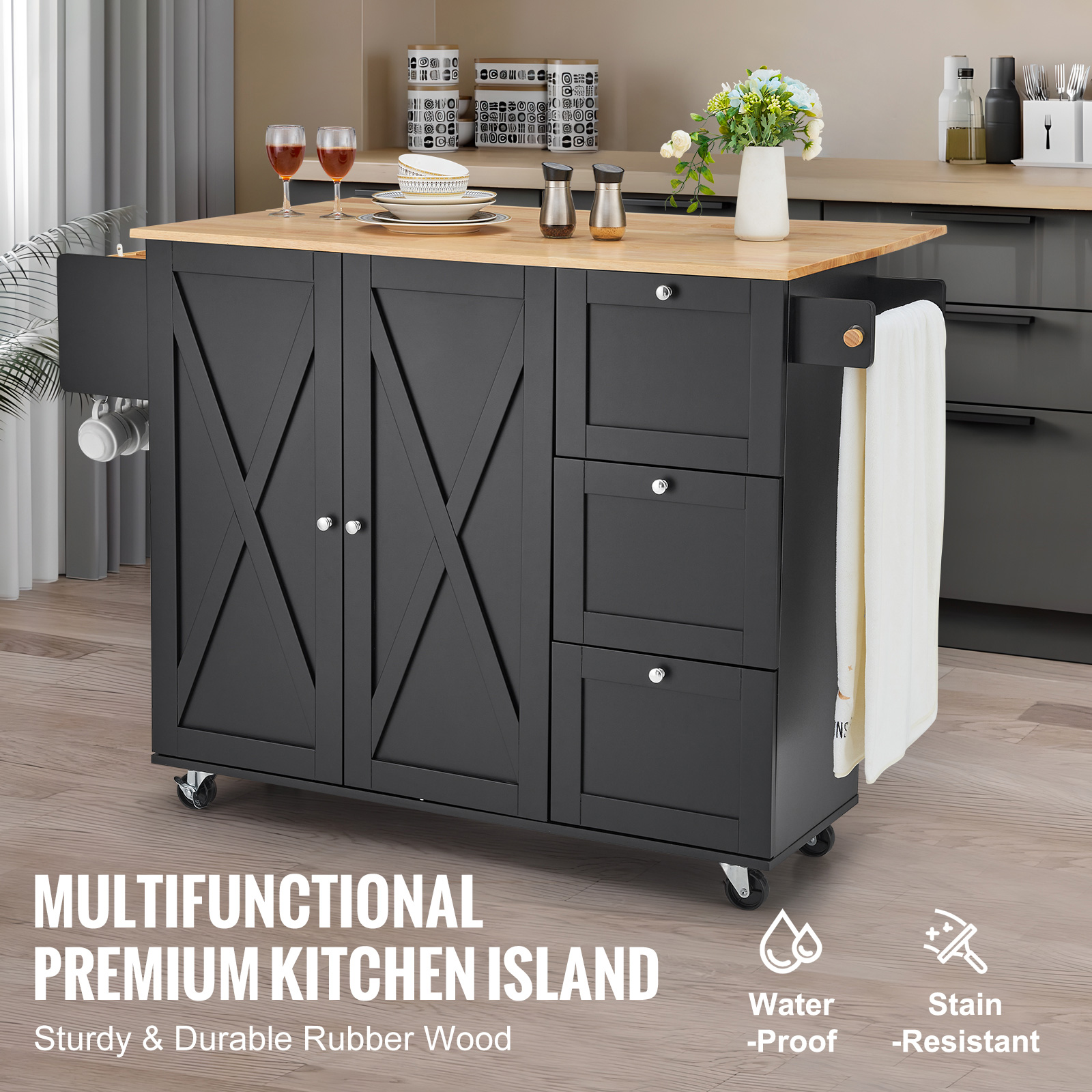 Drop-Leaf Kitchen Island Trolley Cart Wood Storage Cabinet w/ Drawers/Rack - Picture 64 of 110
