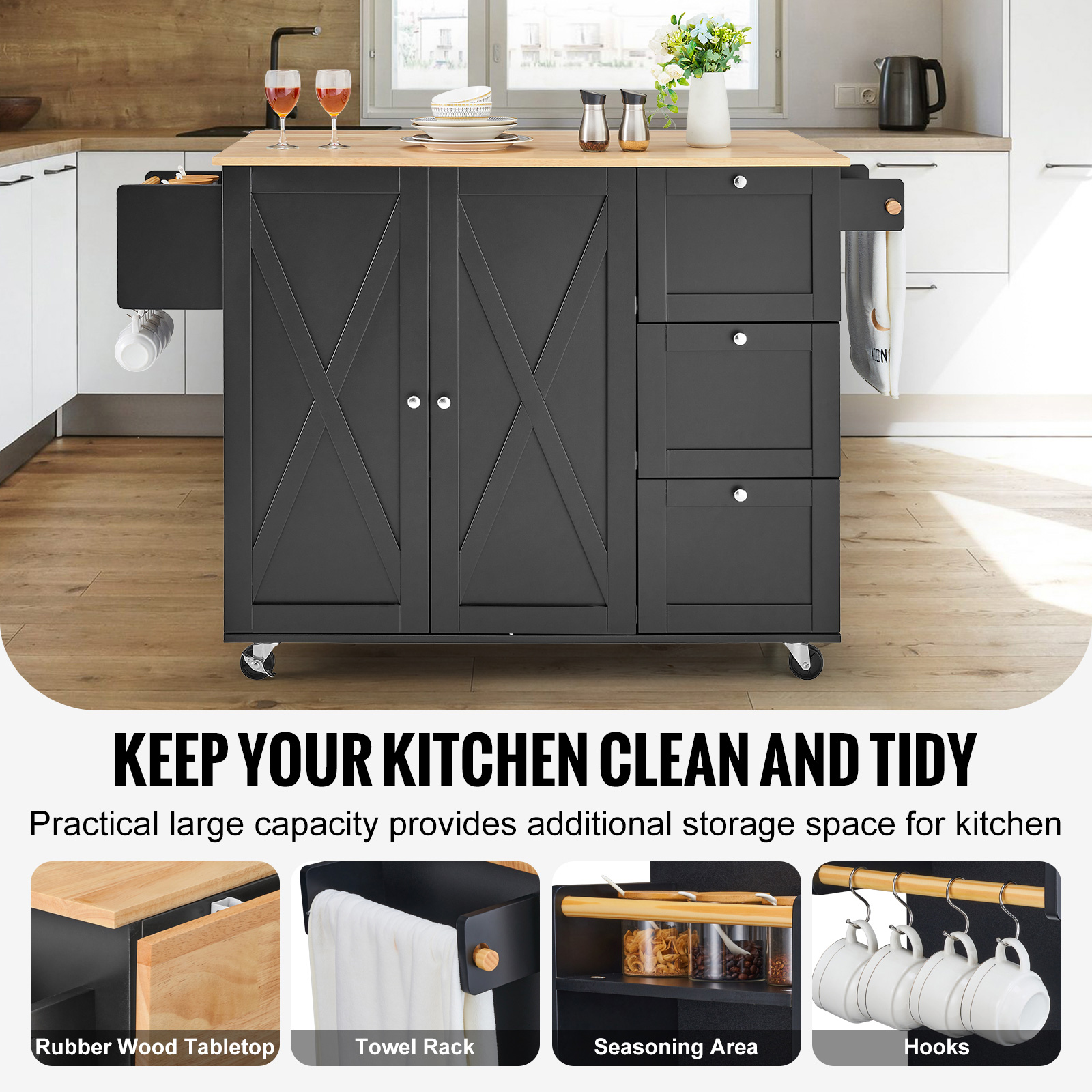 Drop-Leaf Kitchen Island Trolley Cart Wood Storage Cabinet w/ Drawers/Rack - Picture 65 of 110