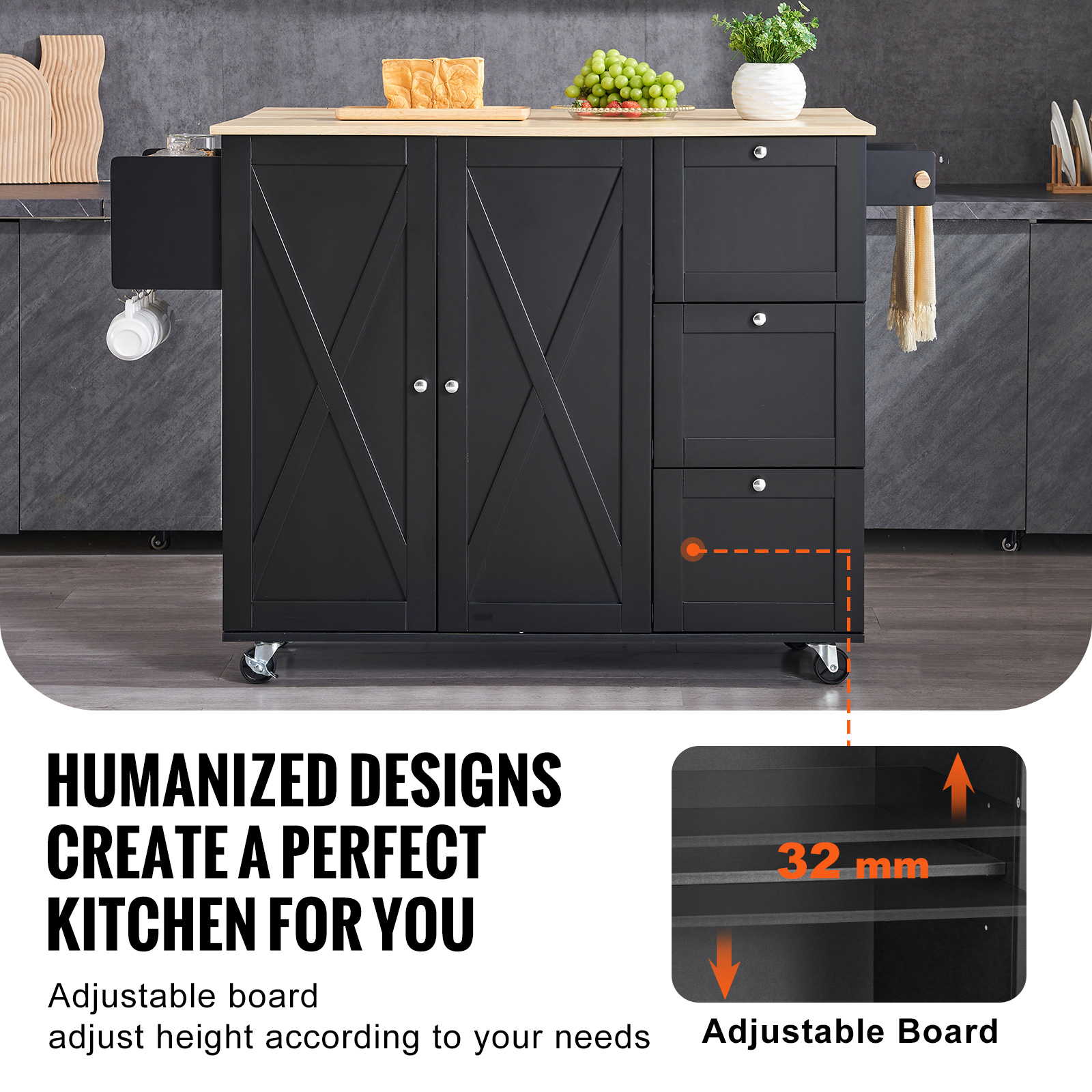 Drop-Leaf Kitchen Island Trolley Cart Wood Storage Cabinet w/ Drawers/Rack - Picture 68 of 110