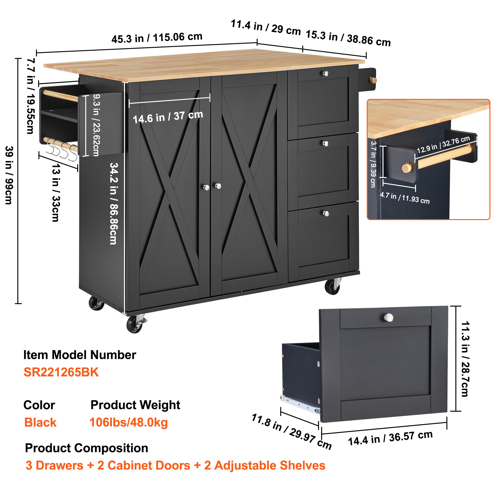 Drop-Leaf Kitchen Island Trolley Cart Wood Storage Cabinet w/ Drawers/Rack - Picture 69 of 110