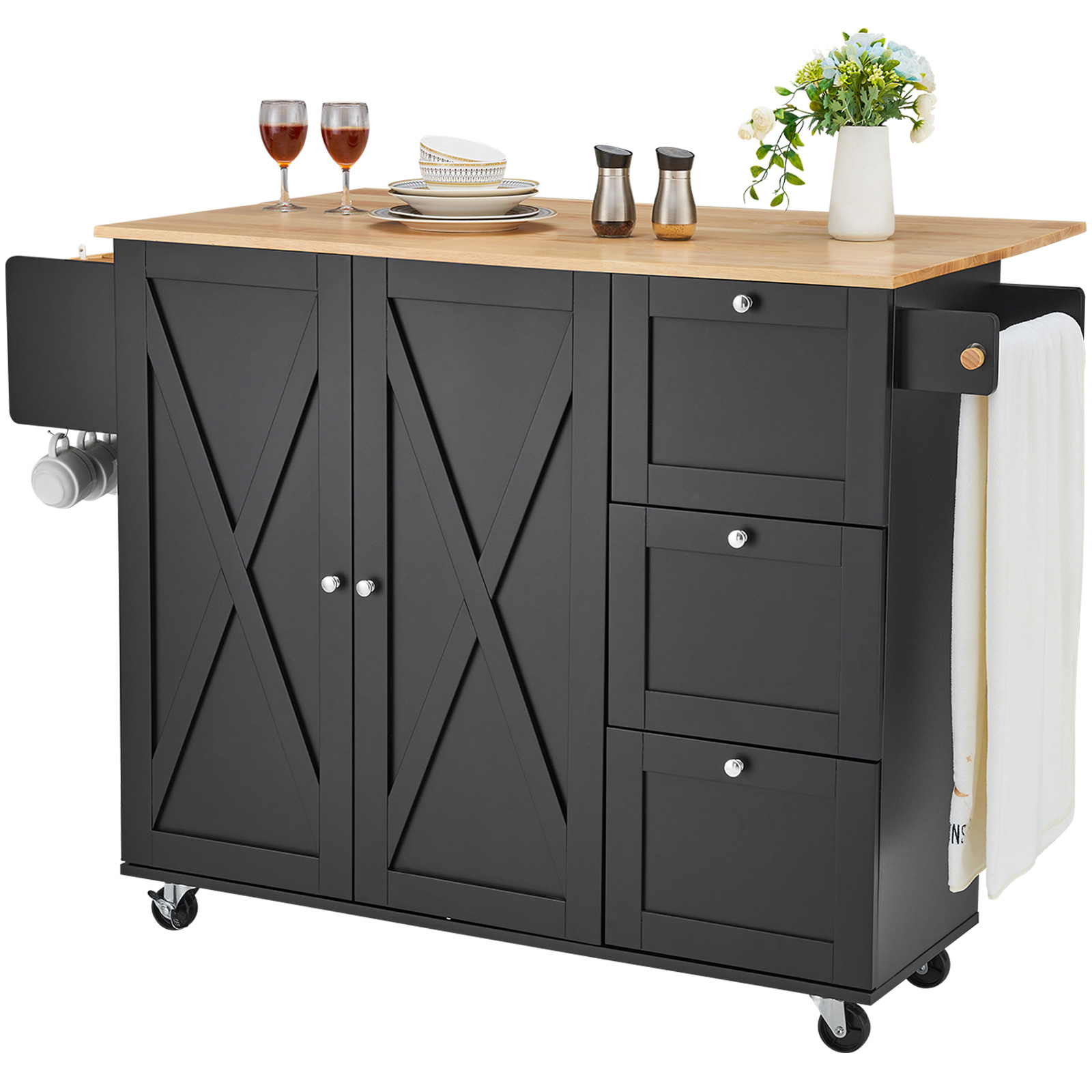Drop-Leaf Kitchen Island Trolley Cart Wood Storage Cabinet w/ Drawers/Rack - Picture 63 of 110