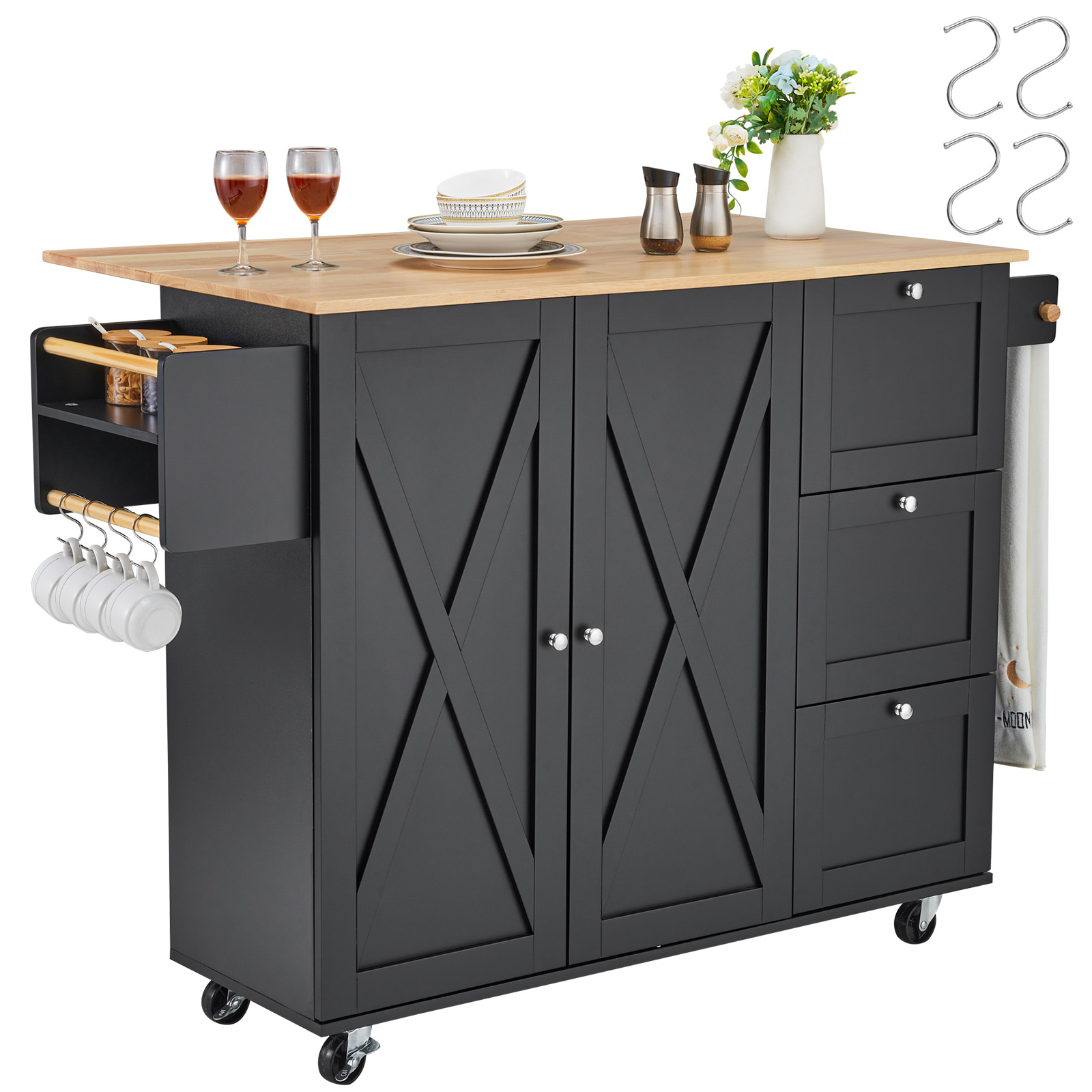 Drop-Leaf Kitchen Island Trolley Cart Wood Storage Cabinet w/ Drawers/Rack - Picture 72 of 110