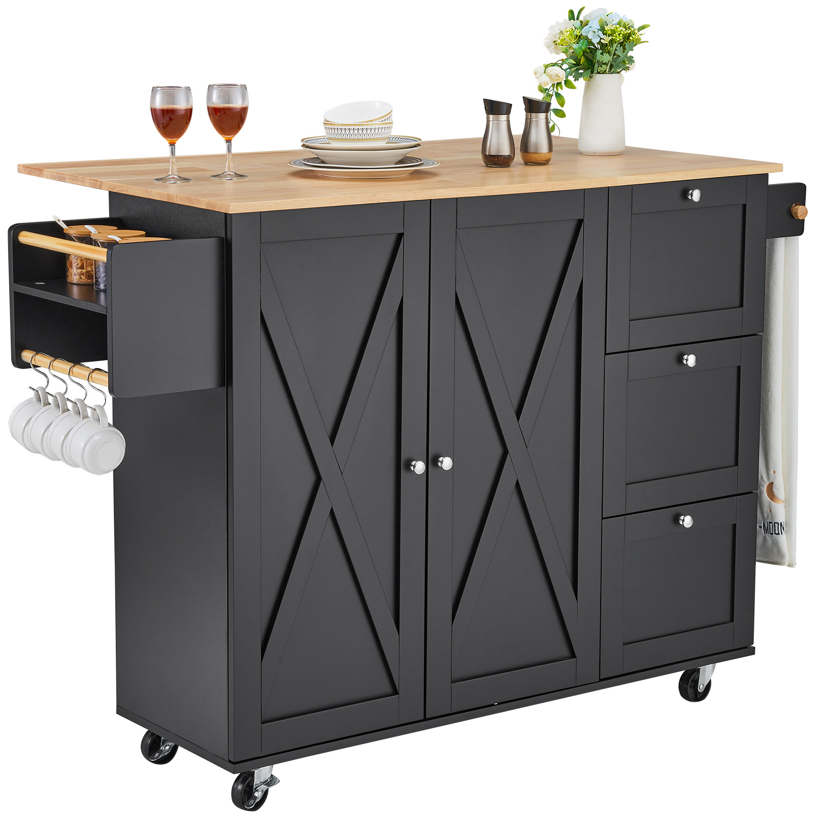 Drop-Leaf Kitchen Island Trolley Cart Wood Storage Cabinet w/ Drawers/Rack - Picture 74 of 110