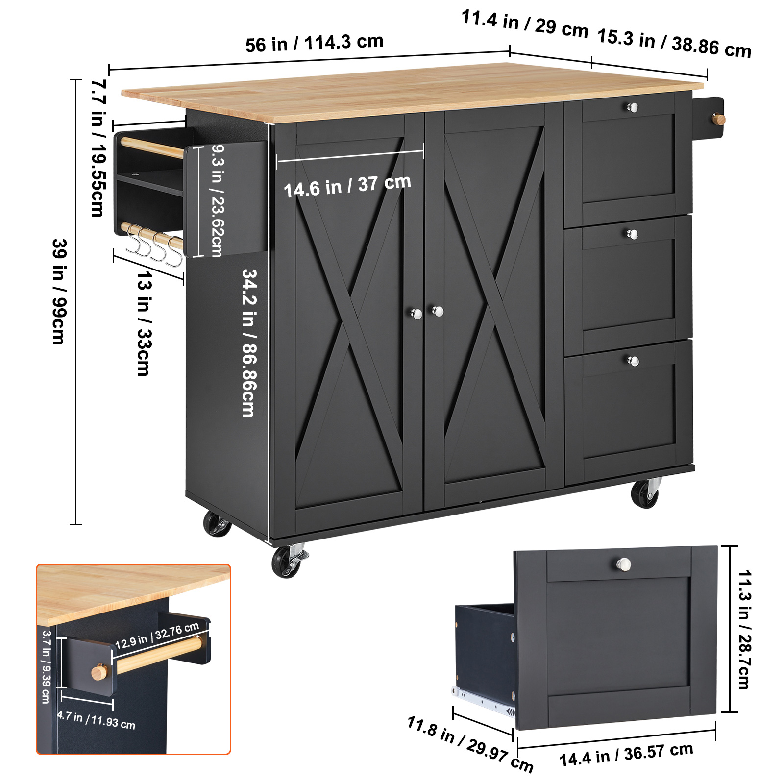 Drop-Leaf Kitchen Island Trolley Cart Wood Storage Cabinet w/ Drawers/Rack - Picture 70 of 110