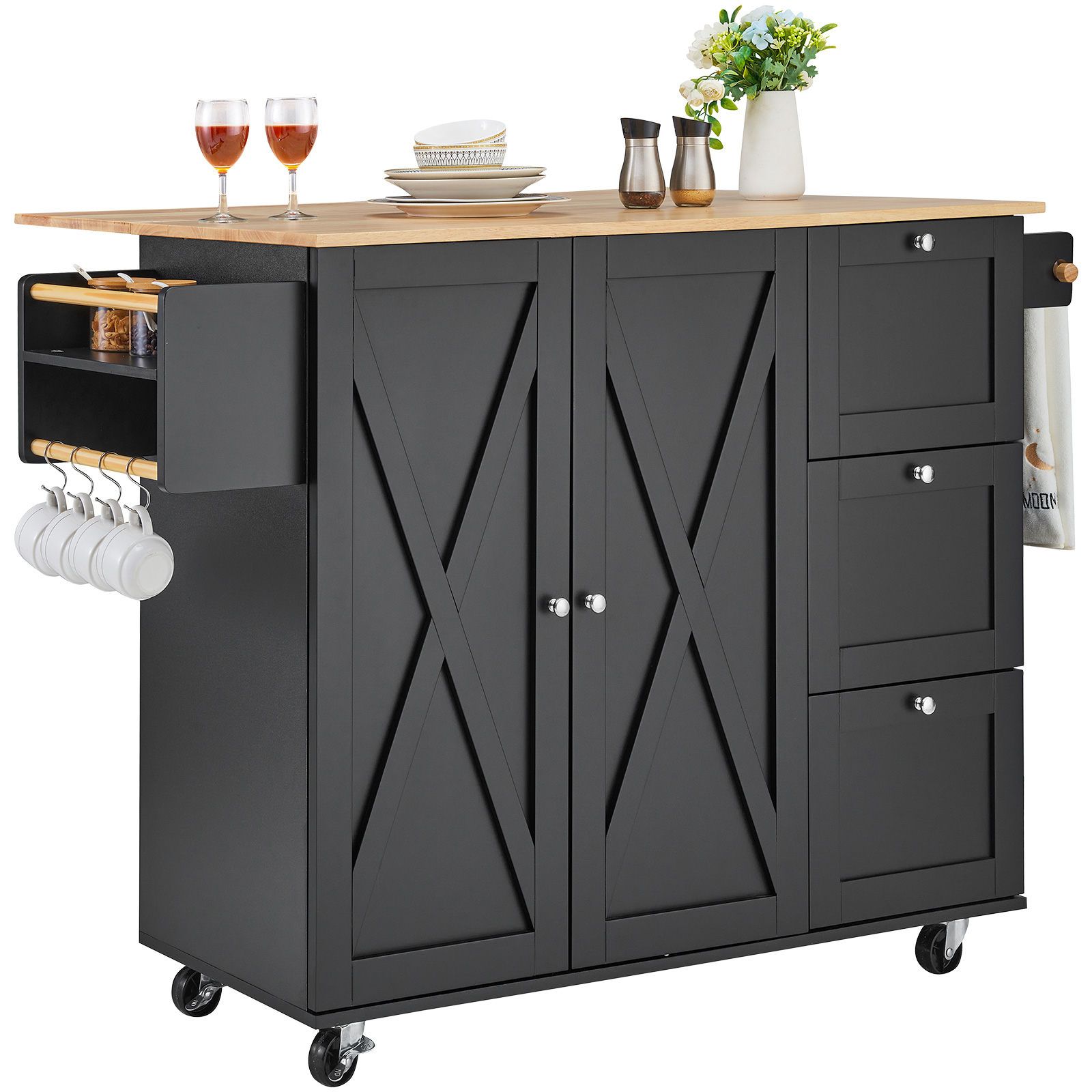 Drop-Leaf Kitchen Island Trolley Cart Wood Storage Cabinet w/ Drawers/Rack - Picture 71 of 110