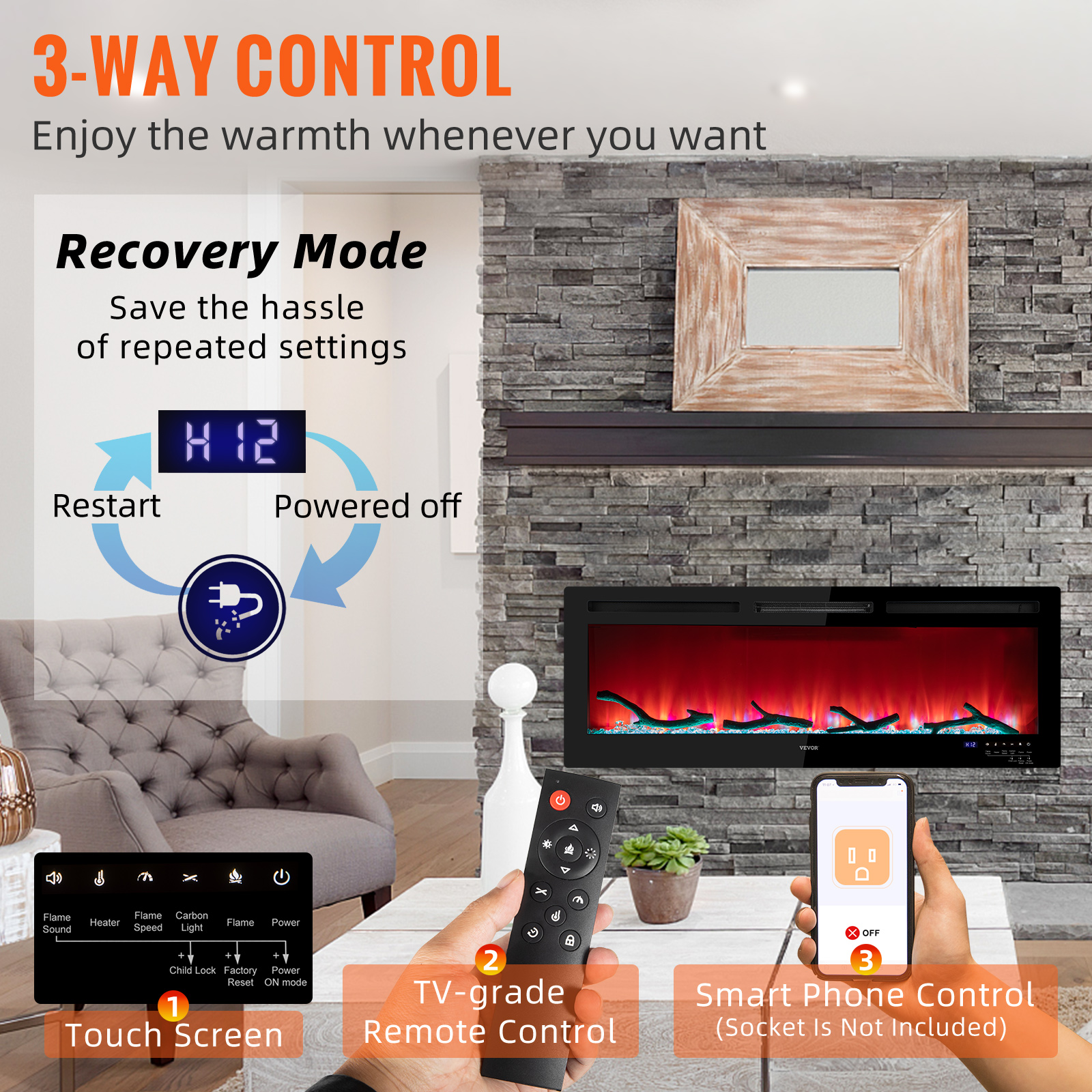 36-60" Electric Fireplace Insert Heater Flame Control Timer Remote Wall Mounted - Picture 30 of 62