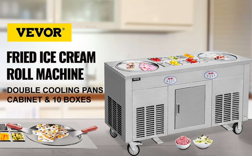VEVOR Commercial Rolled Ice Cream Machine, 1800W Stir-Fried Ice Roll Machine  Double Pans, Stainless Steel Ice Cream Roll Machine w/ 17.7 Round Pan,  Yogurt Cream Machine for Bars Cafés Dessert Shops