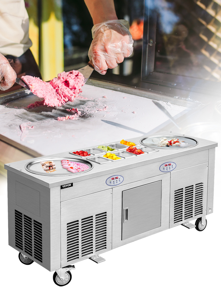 VEVOR Commercial Rolled Ice Cream Machine, 2800W Stir-Fried Ice Cream Roll  Maker 2 Pans, Stainless Ice Cream Roll Machine w/ Refrigerated Cabinet 10