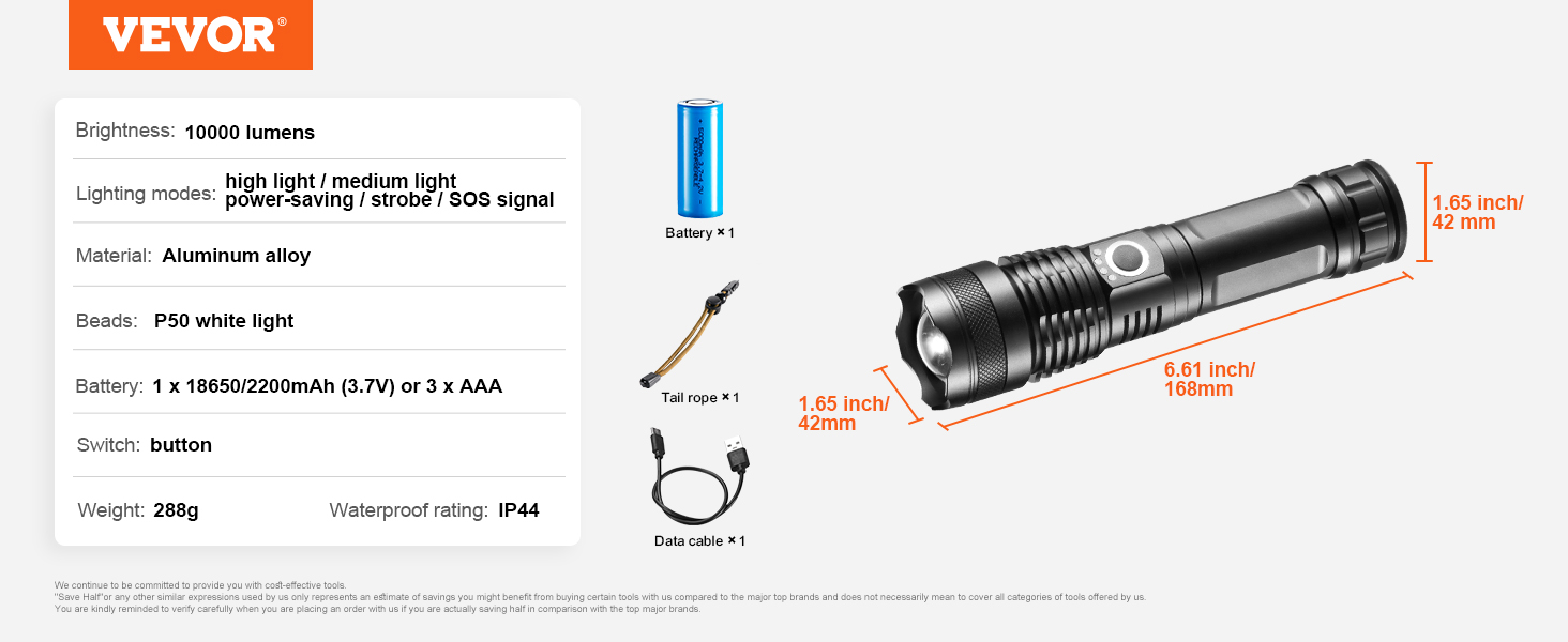 VEVOR flashlight features 10000 lumens, aluminum alloy, 6.61-inch length, and ip44 waterproof rating.