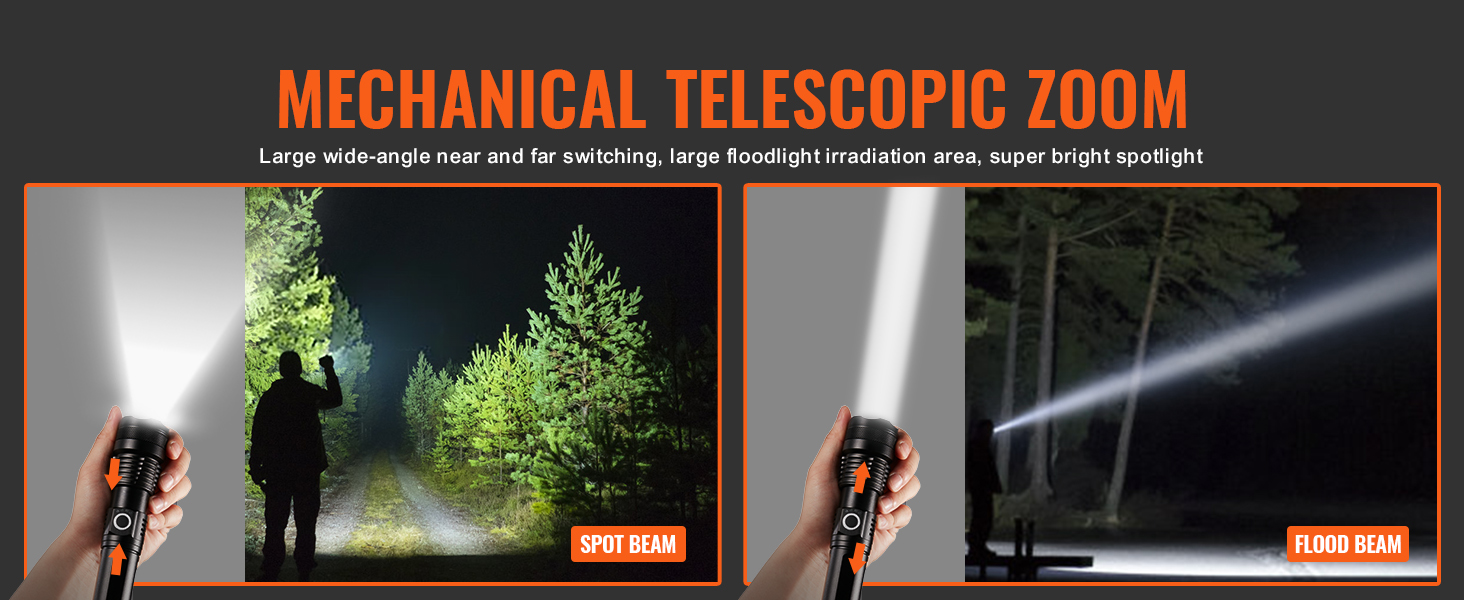 hand holding VEVOR flashlight with mechanical telescopic zoom showing spot beam and flood beam at night.