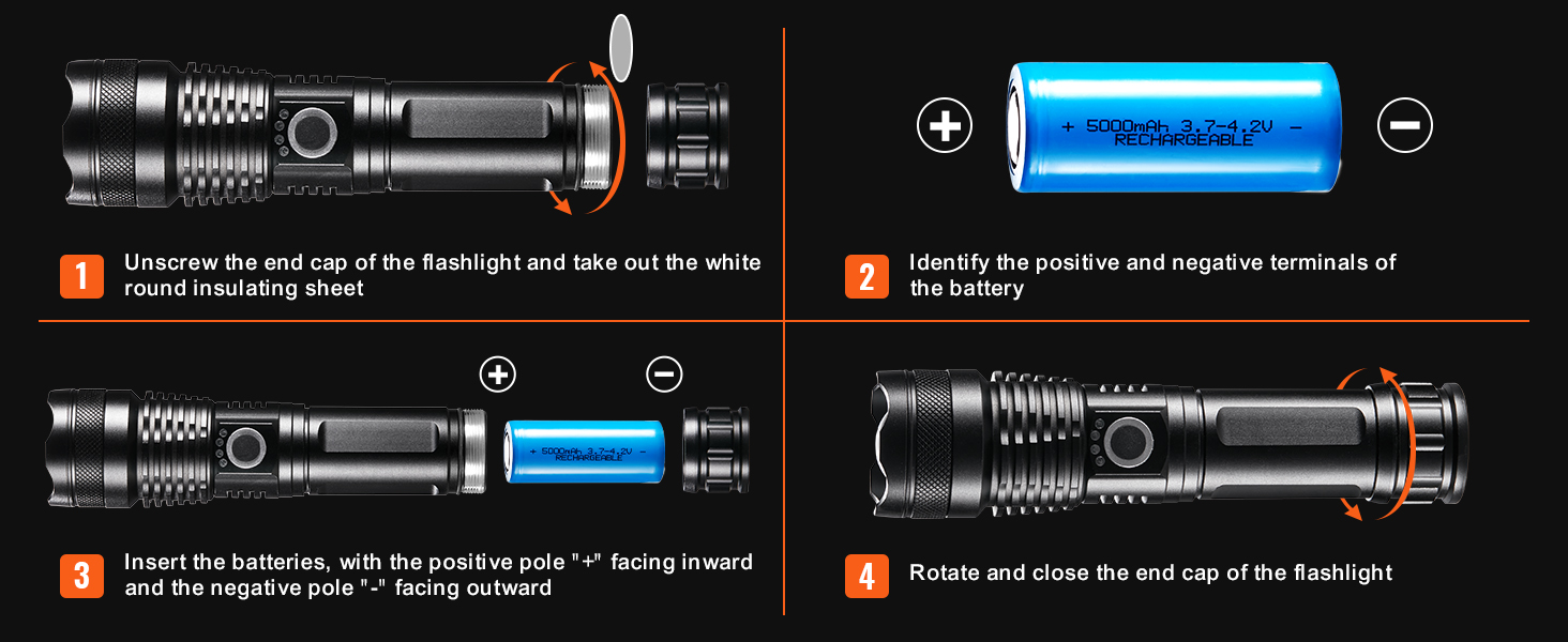 VEVOR flashlight battery installation steps, showing how to insert and secure rechargeable batteries.