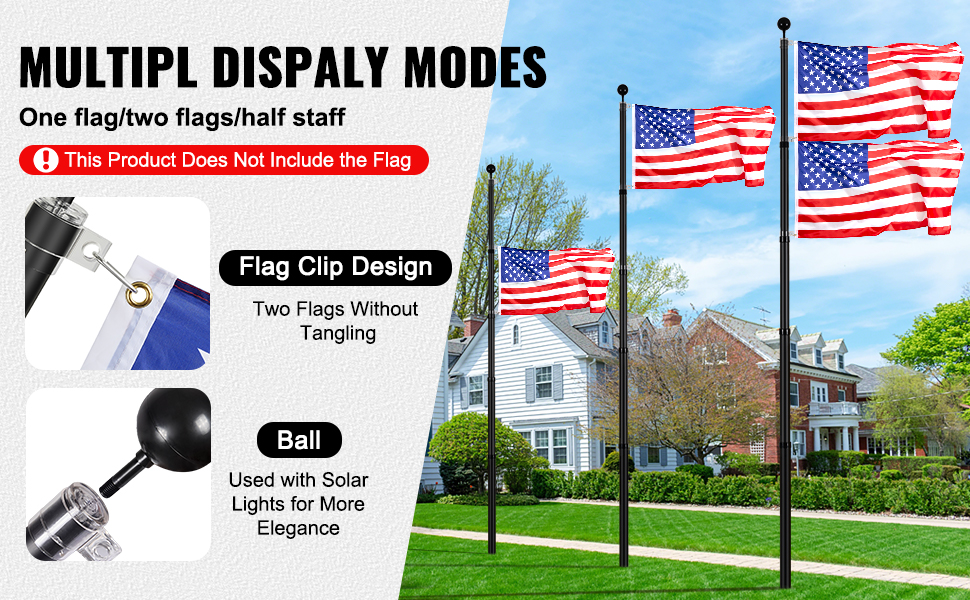 VEVOR 20FT Telescopic Flagpole Kit Heavy Duty Aluminum Flag Pole Black ...